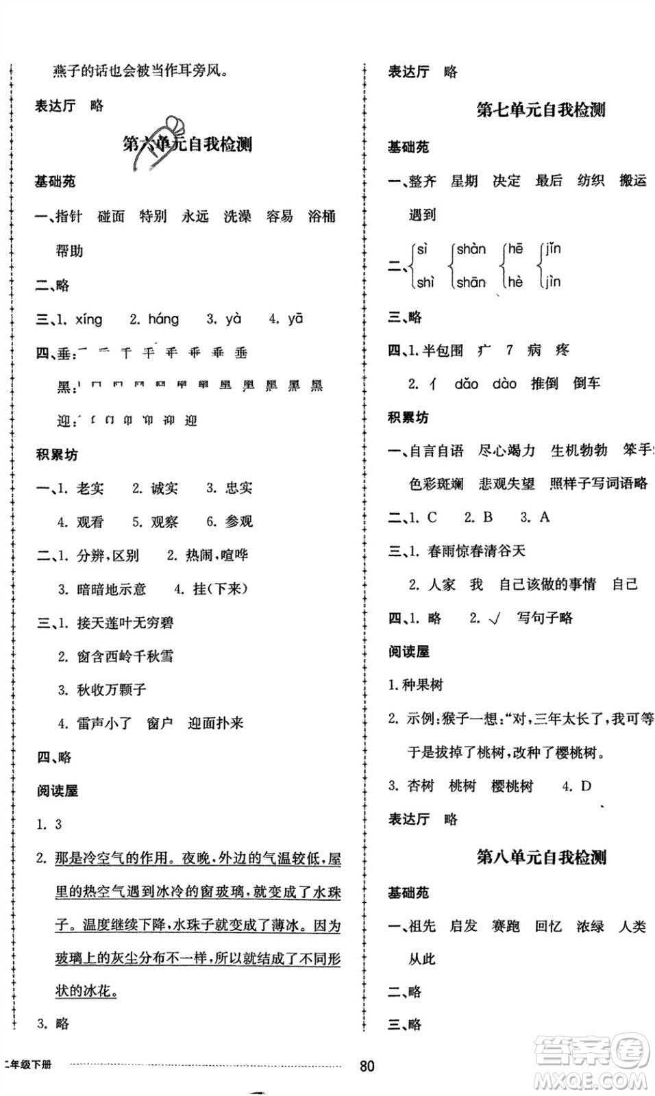 山東科學(xué)技術(shù)出版社2024年春同步練習(xí)冊配套單元自測卷二年級(jí)語文下冊通用版參考答案