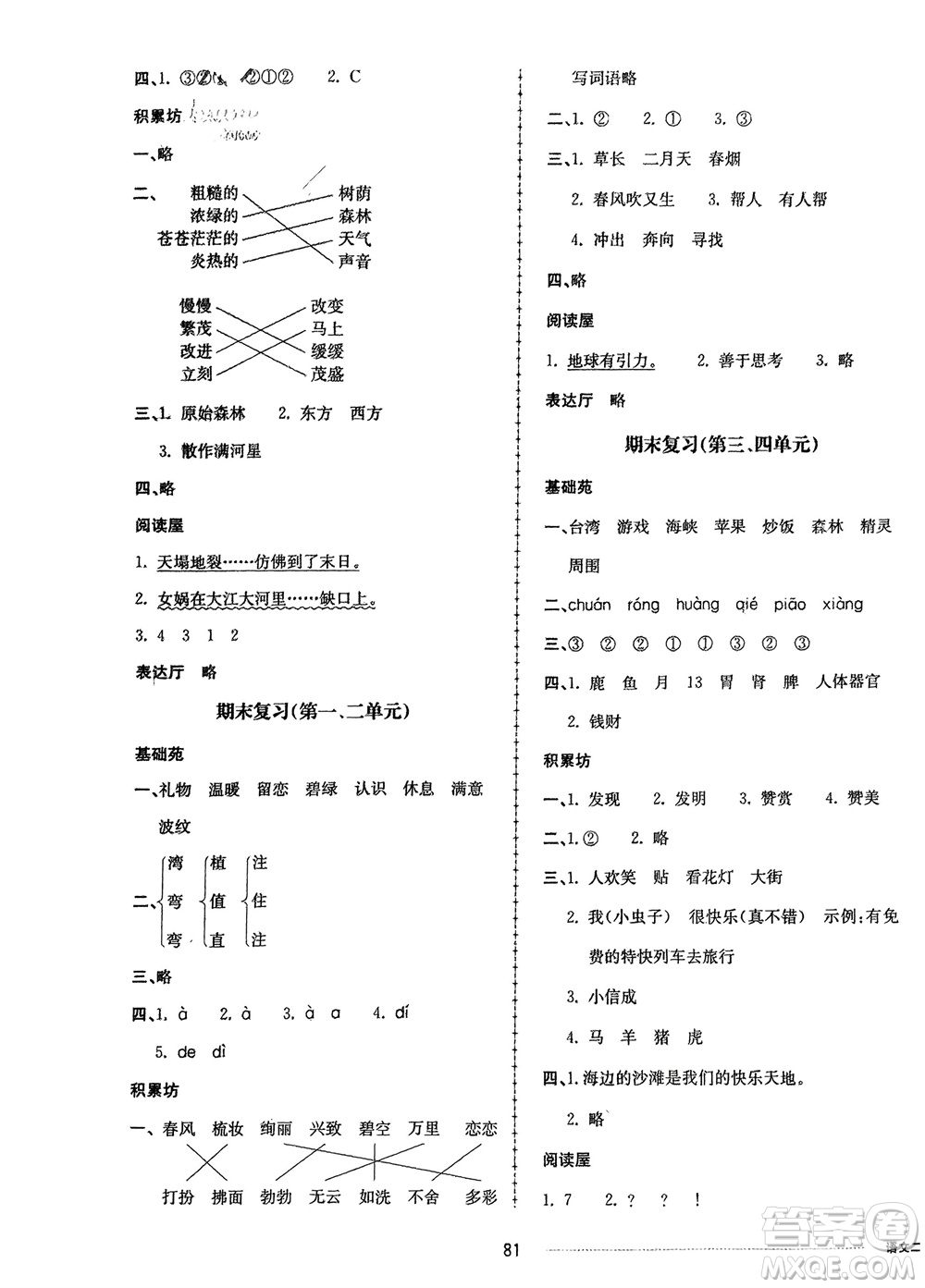 山東科學(xué)技術(shù)出版社2024年春同步練習(xí)冊配套單元自測卷二年級(jí)語文下冊通用版參考答案