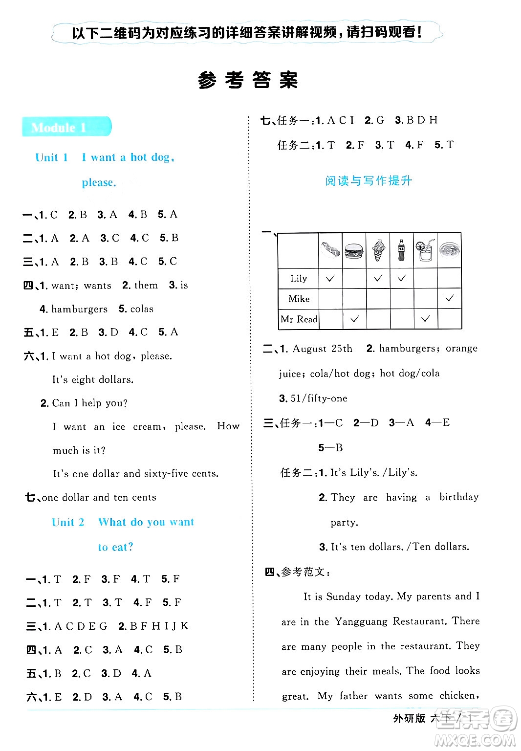 江西教育出版社2024年春陽光同學(xué)課時(shí)優(yōu)化作業(yè)六年級(jí)英語下冊(cè)外研版三起點(diǎn)答案