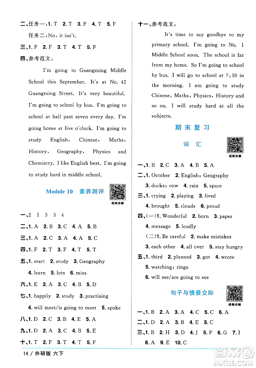 江西教育出版社2024年春陽光同學(xué)課時(shí)優(yōu)化作業(yè)六年級(jí)英語下冊(cè)外研版三起點(diǎn)答案