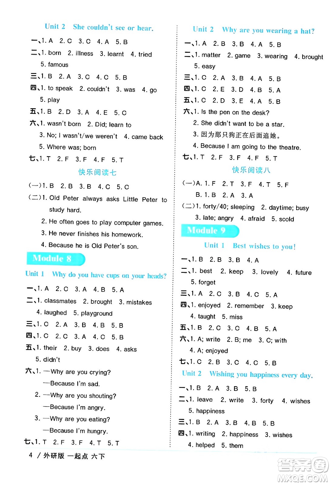 江西教育出版社2024年春陽光同學課時優(yōu)化作業(yè)六年級英語下冊外研版一起點答案