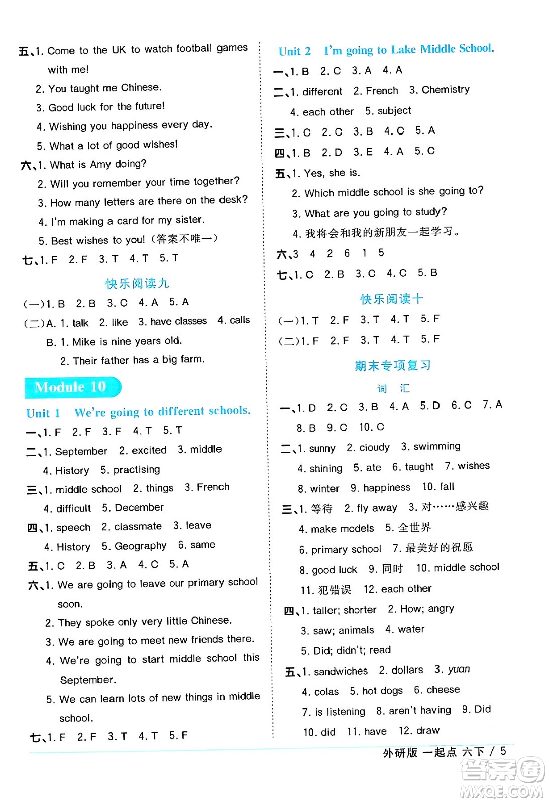 江西教育出版社2024年春陽光同學課時優(yōu)化作業(yè)六年級英語下冊外研版一起點答案