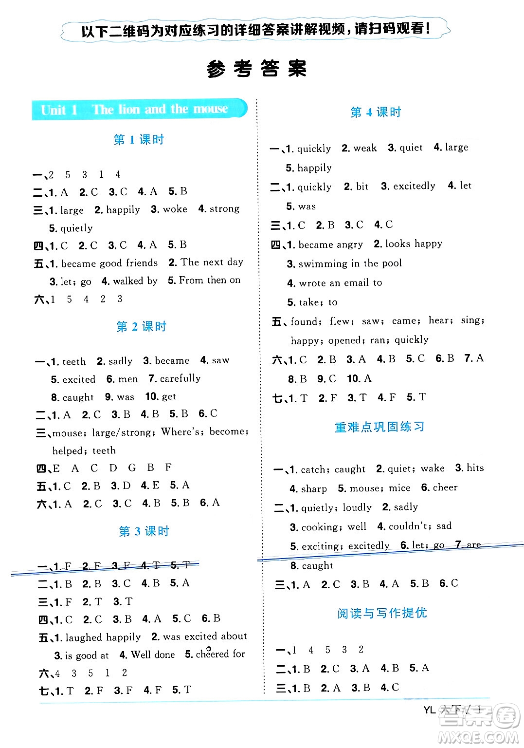 江西教育出版社2024年春陽(yáng)光同學(xué)課時(shí)優(yōu)化作業(yè)六年級(jí)英語(yǔ)下冊(cè)譯林版江蘇專版答案