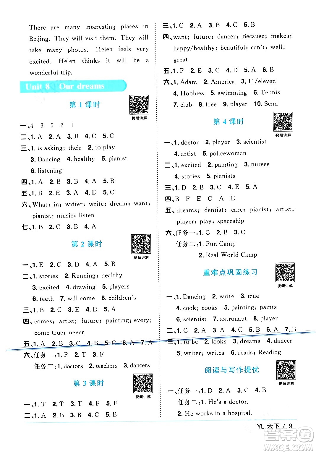 江西教育出版社2024年春陽(yáng)光同學(xué)課時(shí)優(yōu)化作業(yè)六年級(jí)英語(yǔ)下冊(cè)譯林版江蘇專版答案