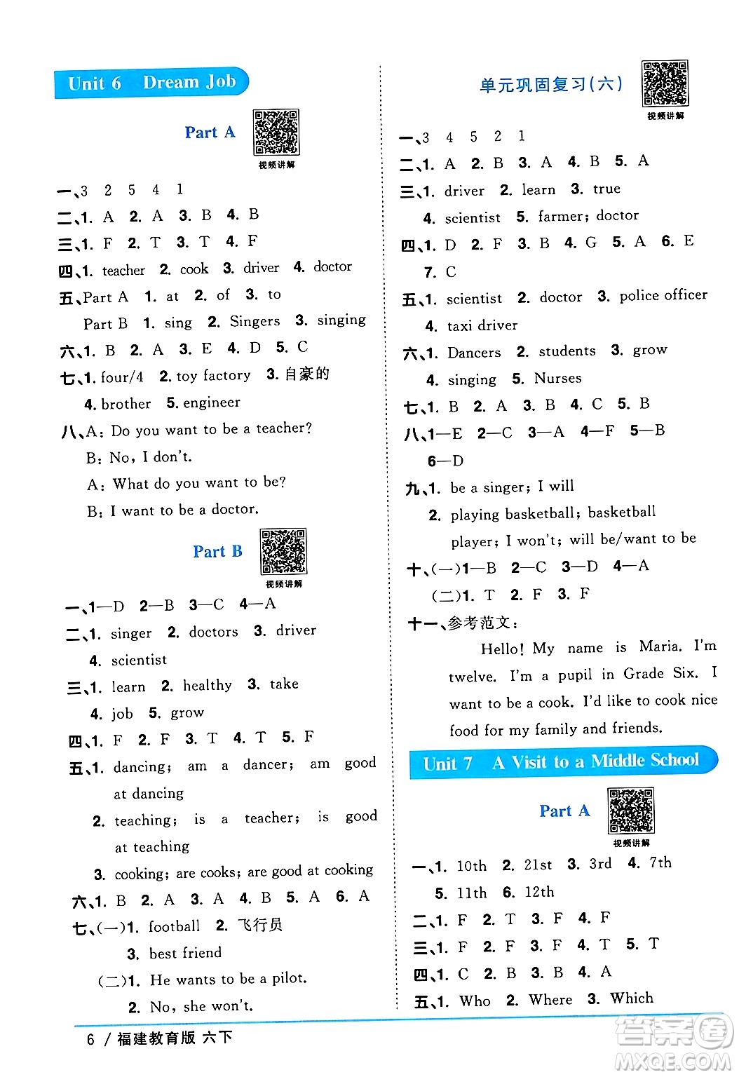 江西教育出版社2024年春陽光同學課時優(yōu)化作業(yè)六年級英語下冊閩教版福建專版答案