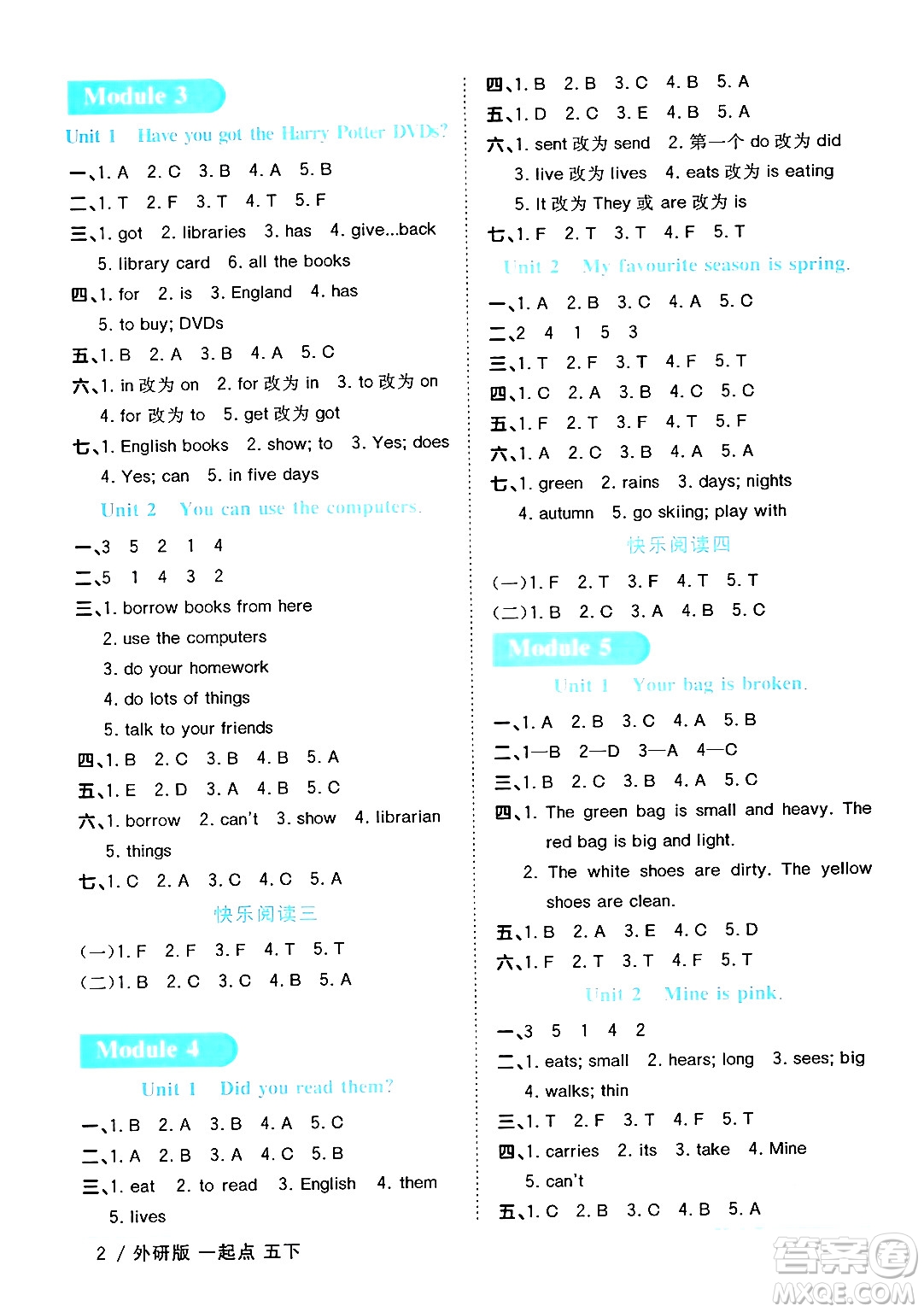 江西教育出版社2024年春陽光同學課時優(yōu)化作業(yè)五年級英語下冊外研版一起點答案