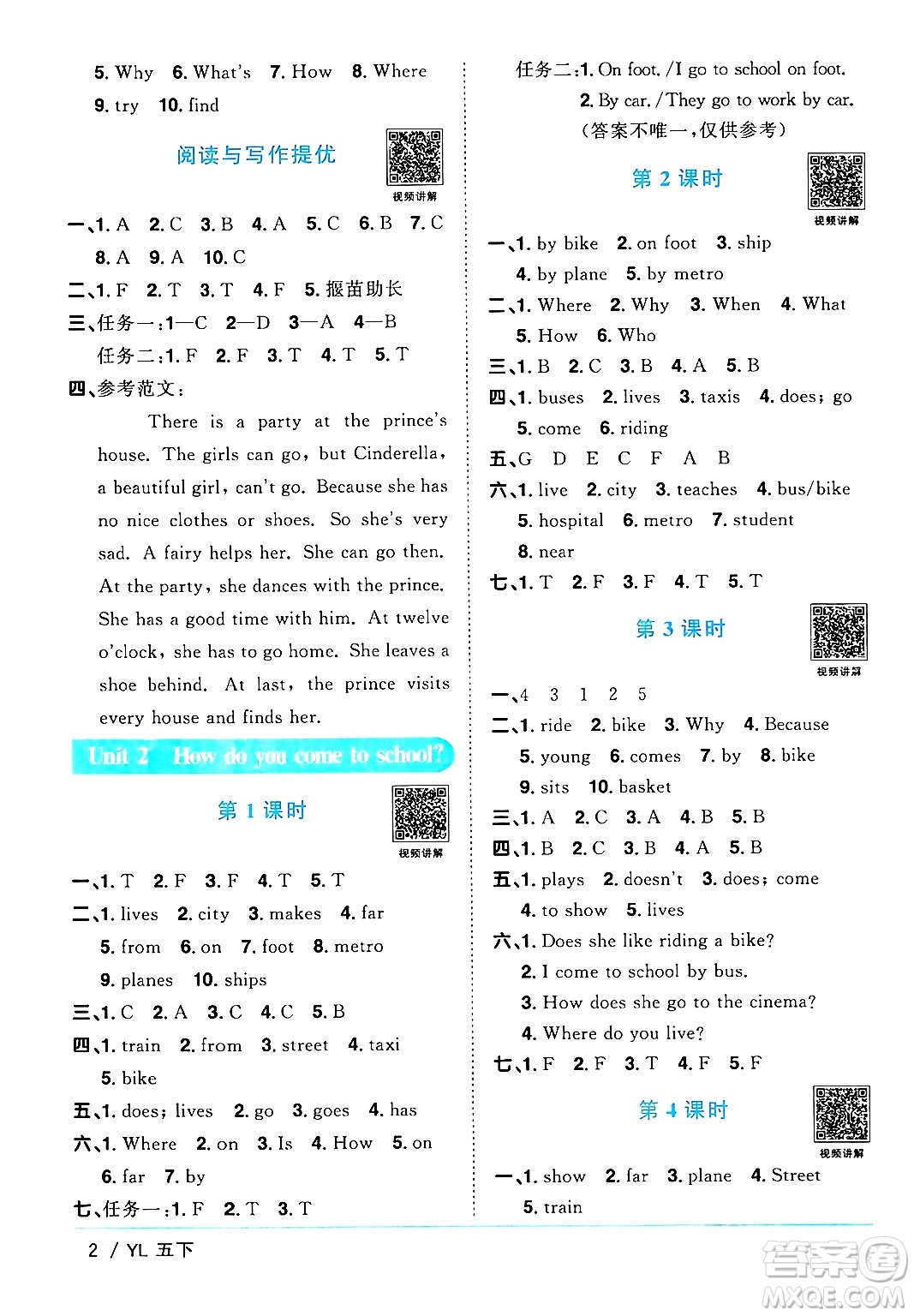 江西教育出版社2024年春陽光同學(xué)課時(shí)優(yōu)化作業(yè)五年級英語下冊譯林版江蘇專版答案