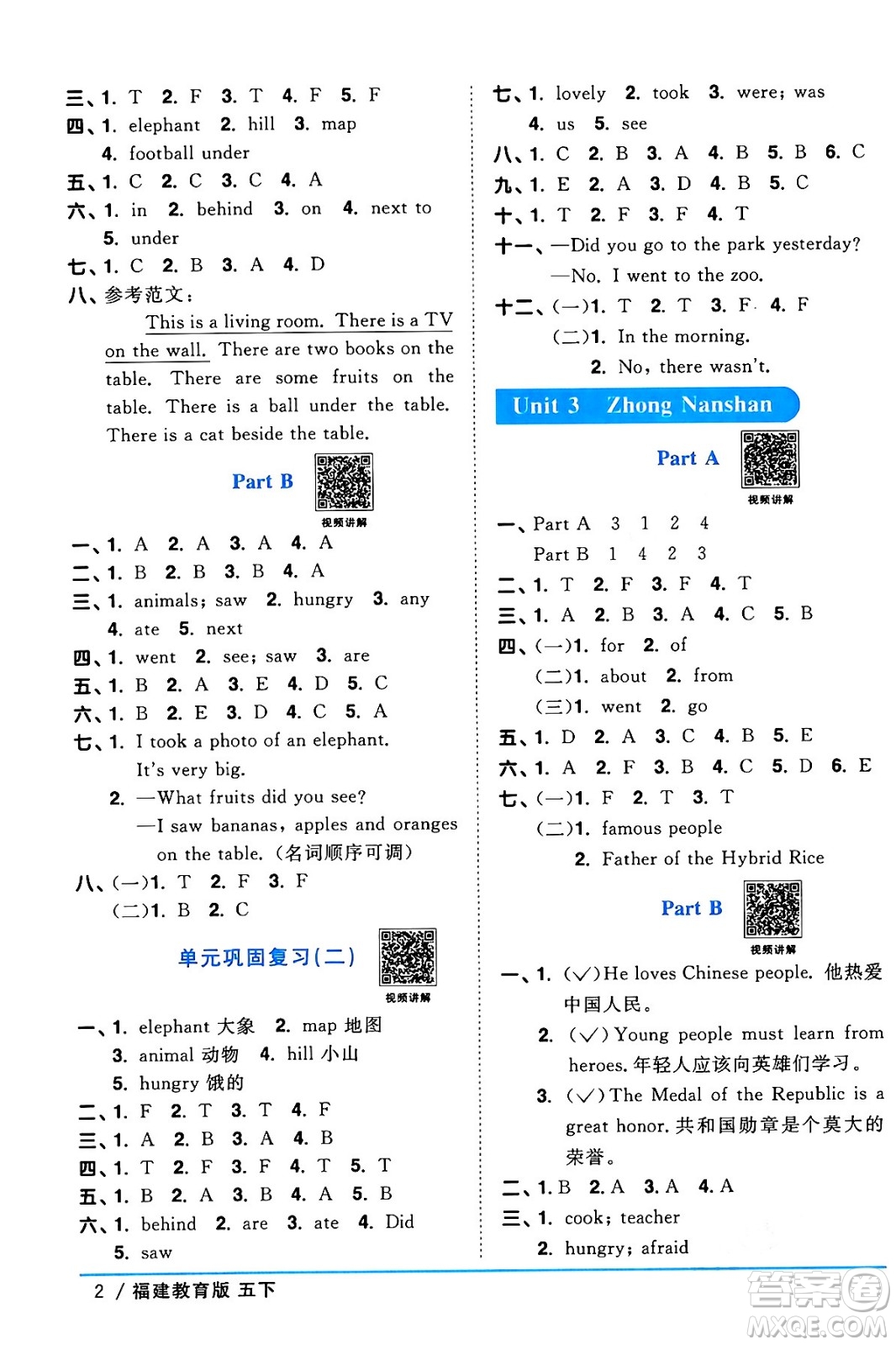 江西教育出版社2024年春陽光同學(xué)課時優(yōu)化作業(yè)五年級英語下冊閩教版福建專版答案