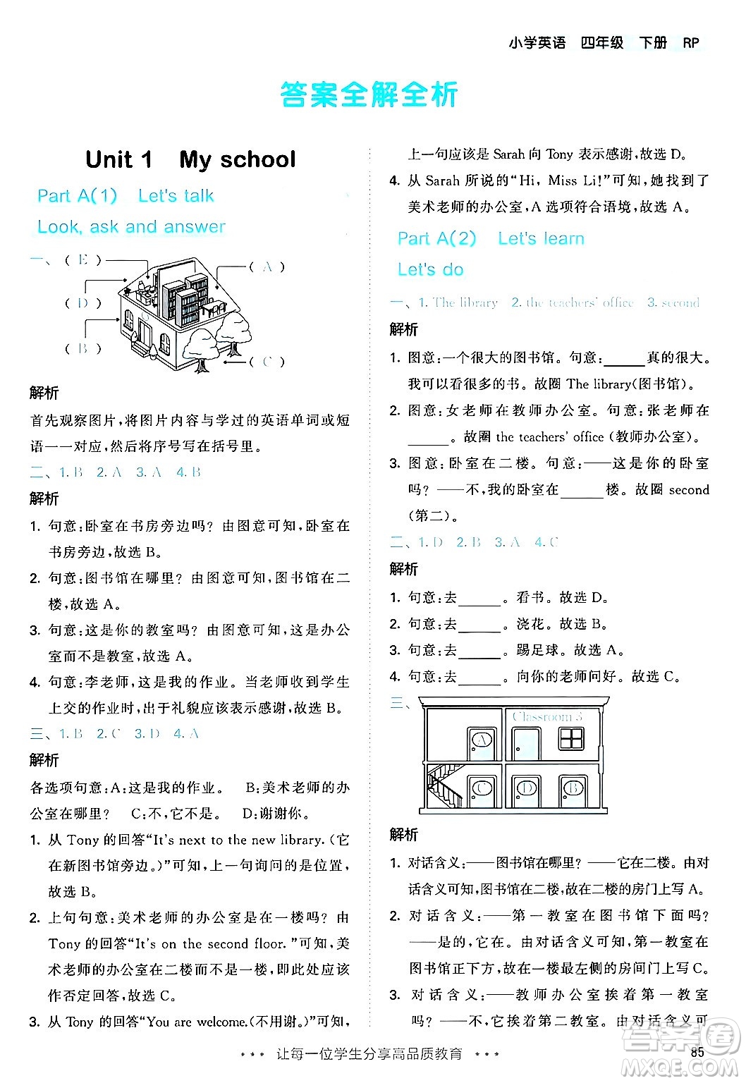 教育科學出版社2024年春53天天練四年級英語下冊人教PEP版答案