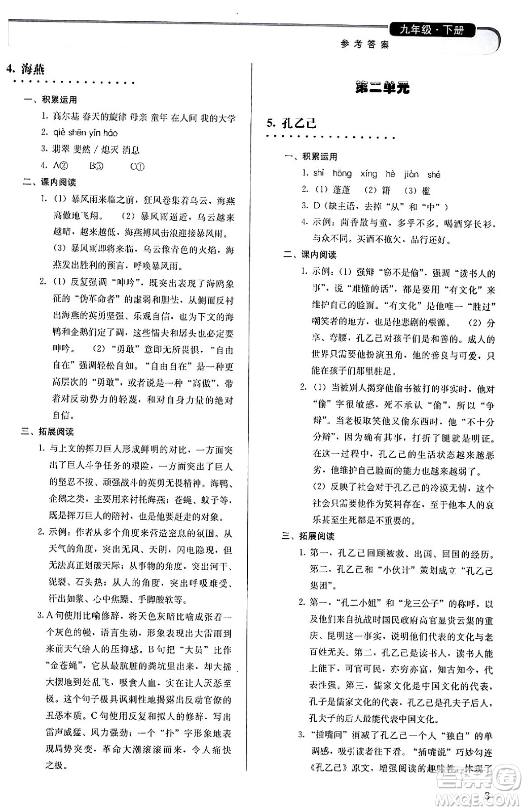 人民教育出版社2024年春補(bǔ)充習(xí)題九年級(jí)語文下冊(cè)通用版答案