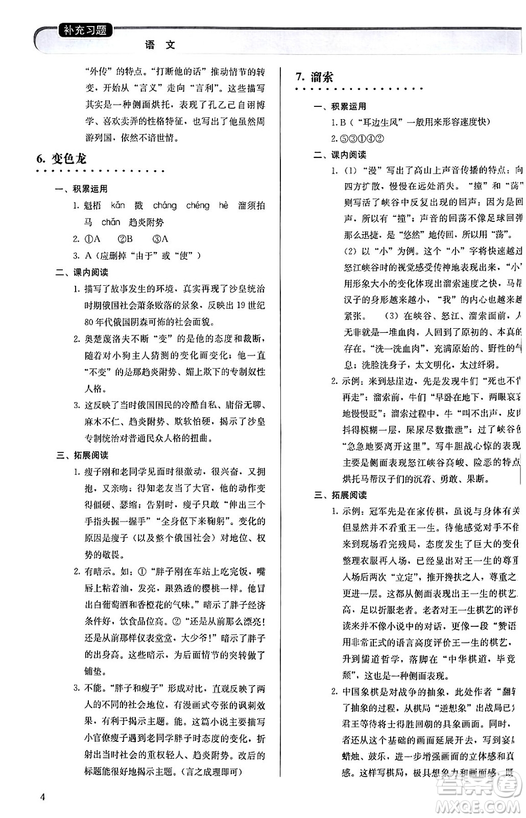 人民教育出版社2024年春補(bǔ)充習(xí)題九年級(jí)語文下冊(cè)通用版答案