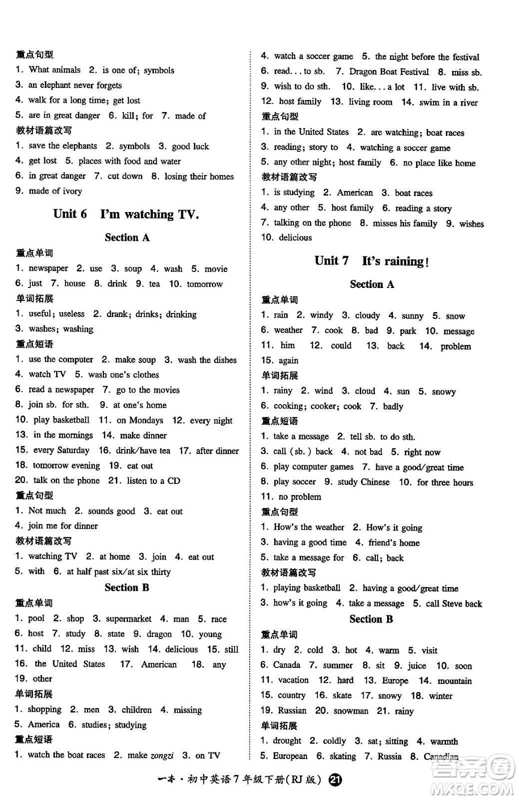 湖南教育出版社2024年春一本同步訓(xùn)練七年級英語下冊人教版答案