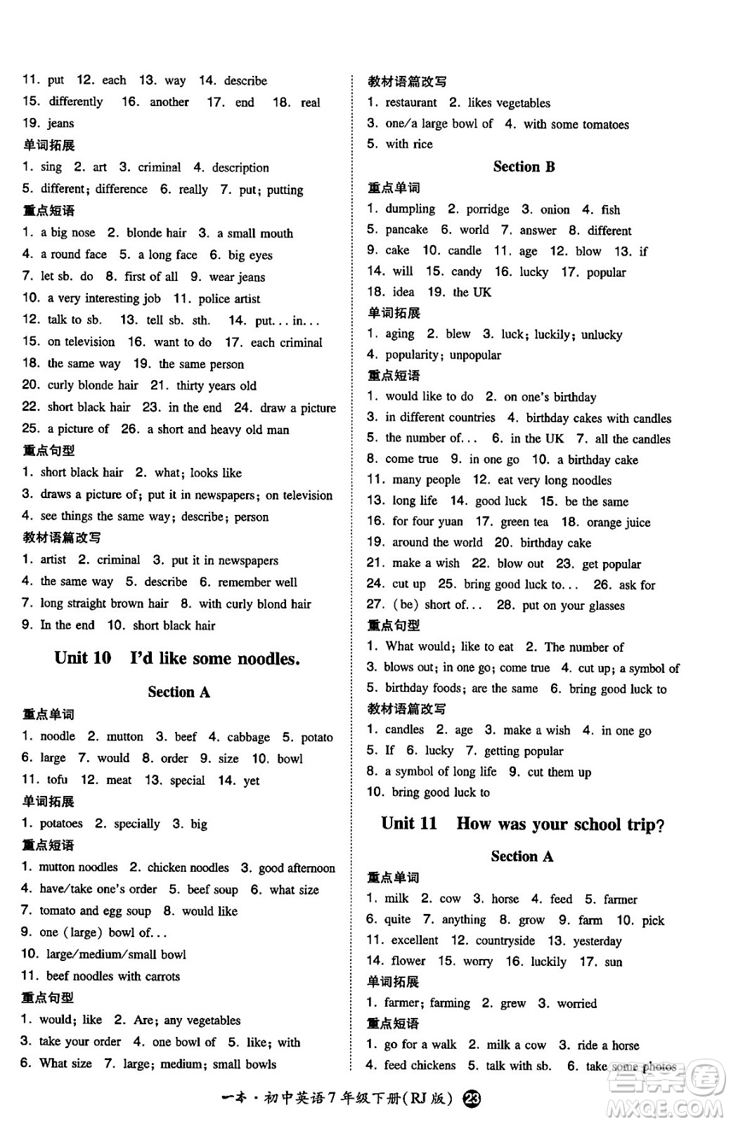 湖南教育出版社2024年春一本同步訓(xùn)練七年級英語下冊人教版答案