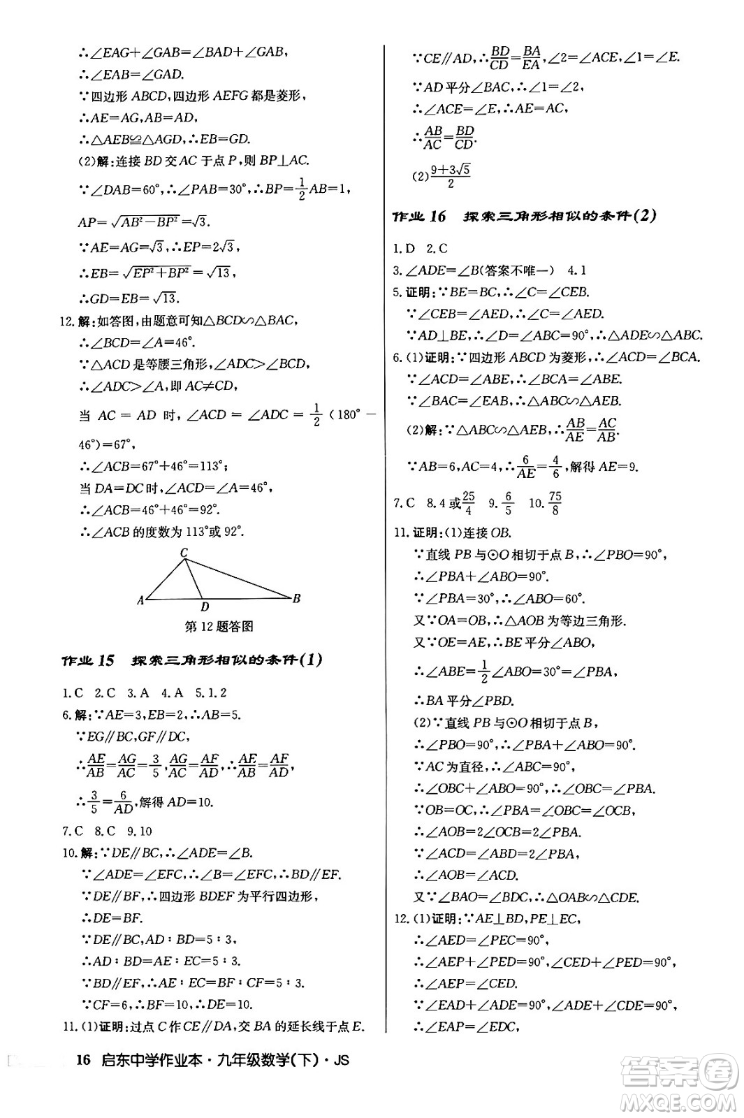 龍門書局2024年春?jiǎn)|中學(xué)作業(yè)本九年級(jí)數(shù)學(xué)下冊(cè)江蘇版答案