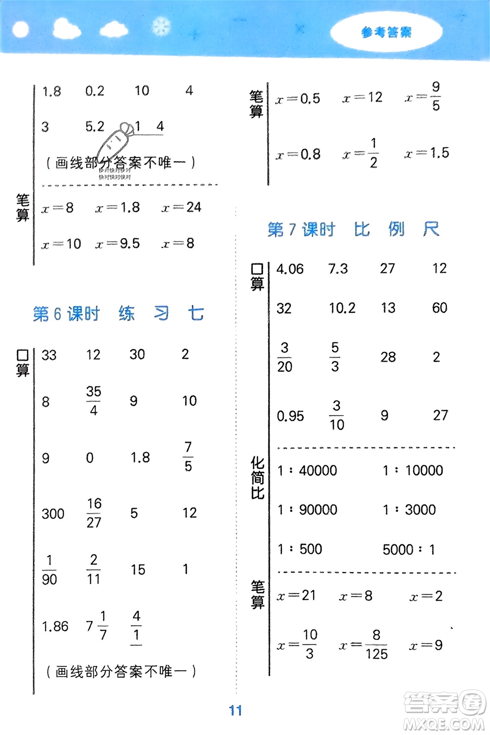 地質(zhì)出版社2024年春小學(xué)口算大通關(guān)六年級(jí)數(shù)學(xué)下冊(cè)蘇教版參考答案