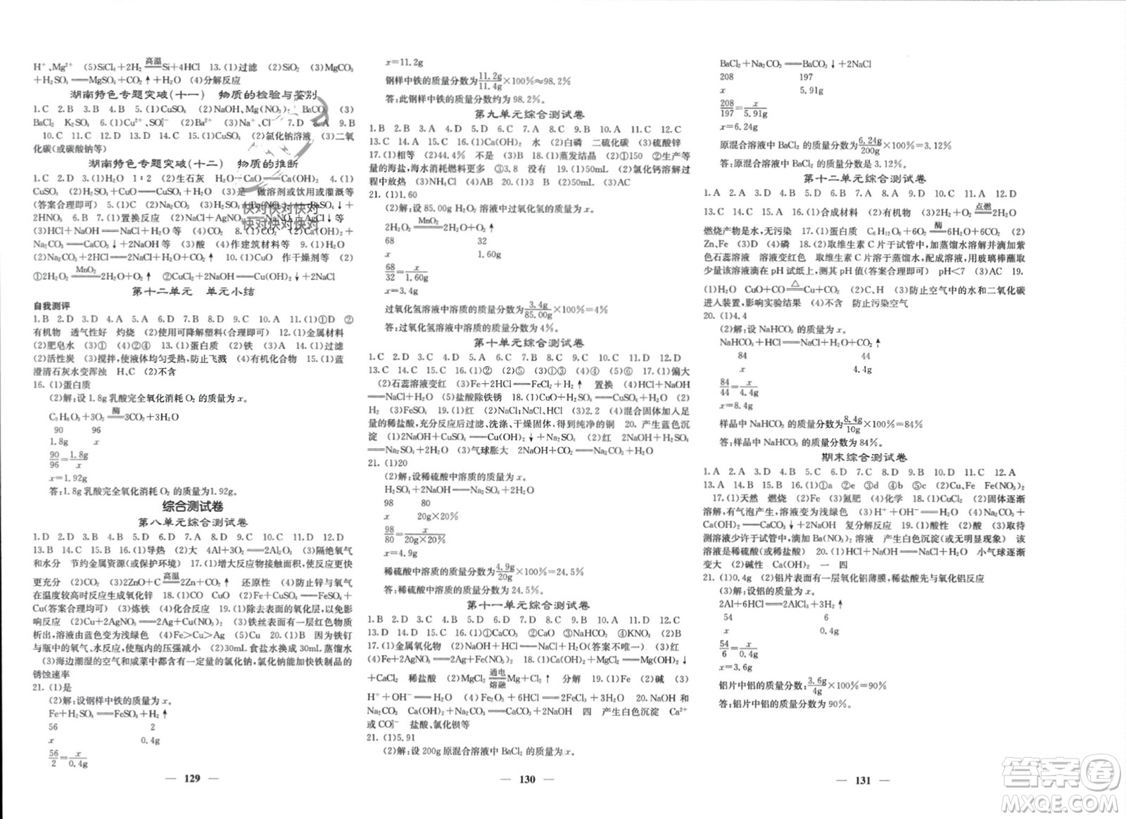 四川大學(xué)出版社2024年春課堂點睛九年級化學(xué)下冊人教版湖南專版參考答案