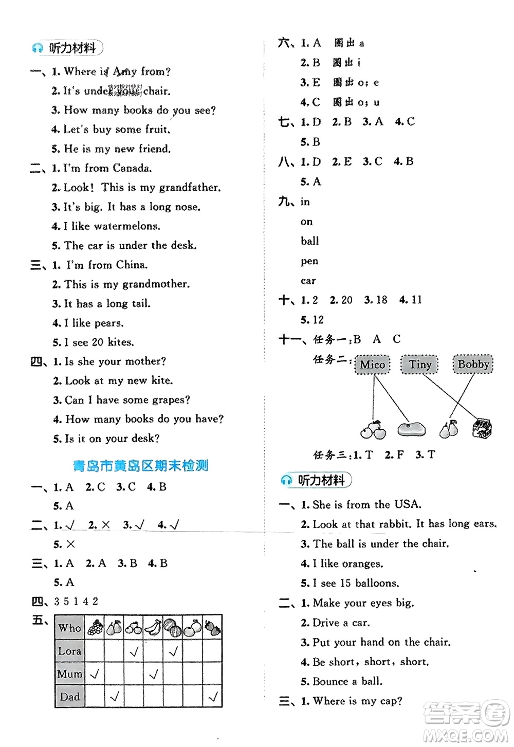 西安出版社2024春季53全優(yōu)卷三年級英語下冊人教PEP版參考答案