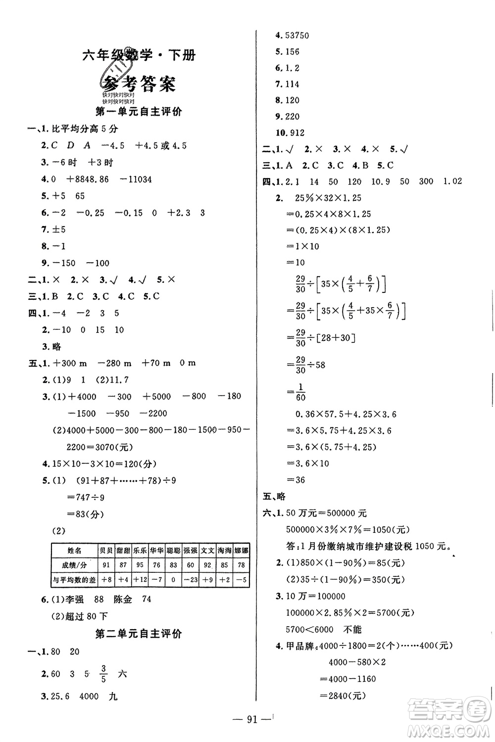 長江少年兒童出版社2024年春智慧課堂自主評價(jià)六年級數(shù)學(xué)下冊通用版參考答案