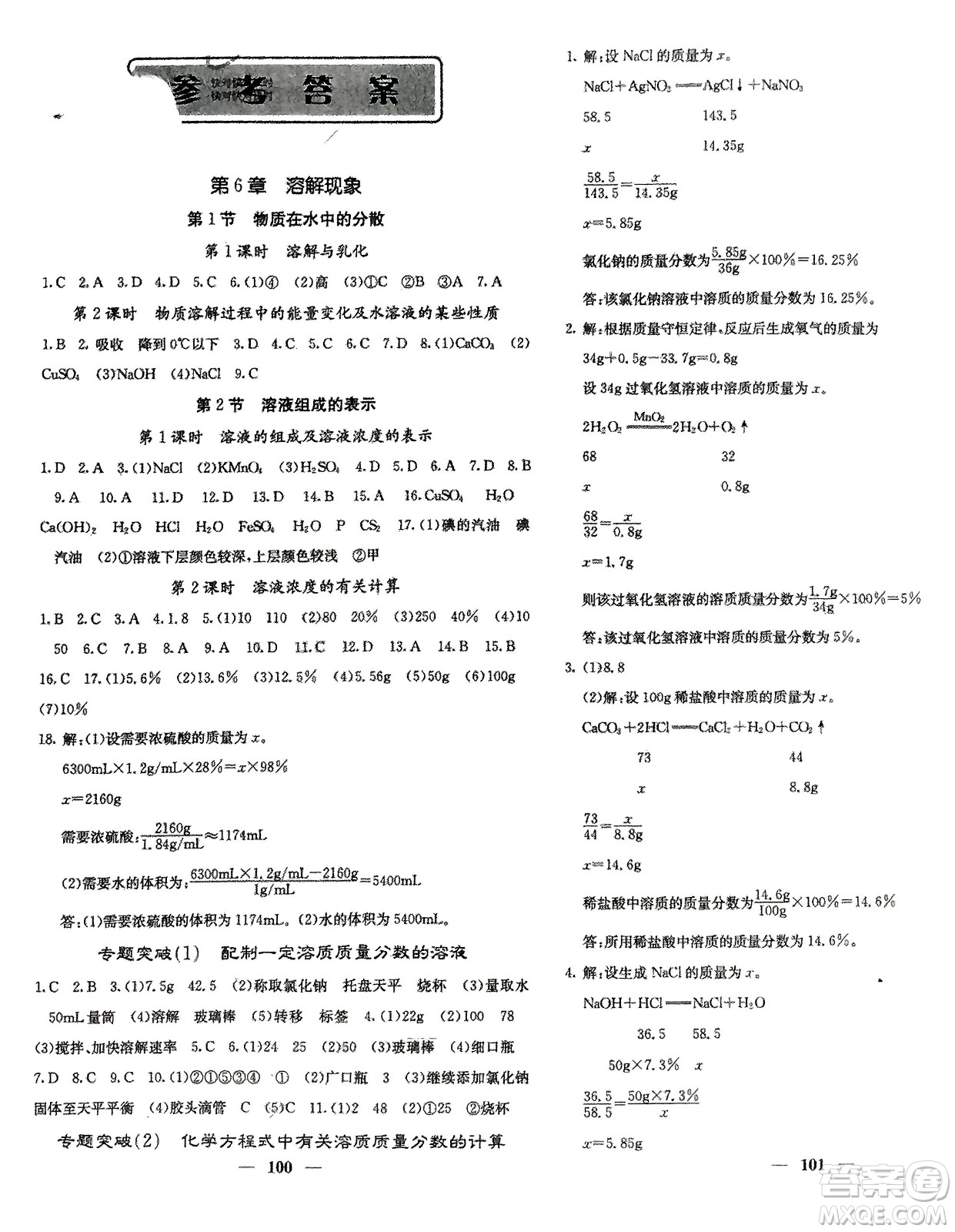 四川大學(xué)出版社2024年春課堂點(diǎn)睛九年級(jí)化學(xué)下冊(cè)滬教版參考答案