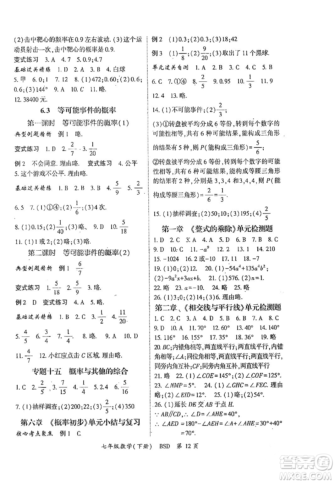 吉林教育出版社2024年春啟航新課堂七年級數(shù)學(xué)下冊北師大版答案