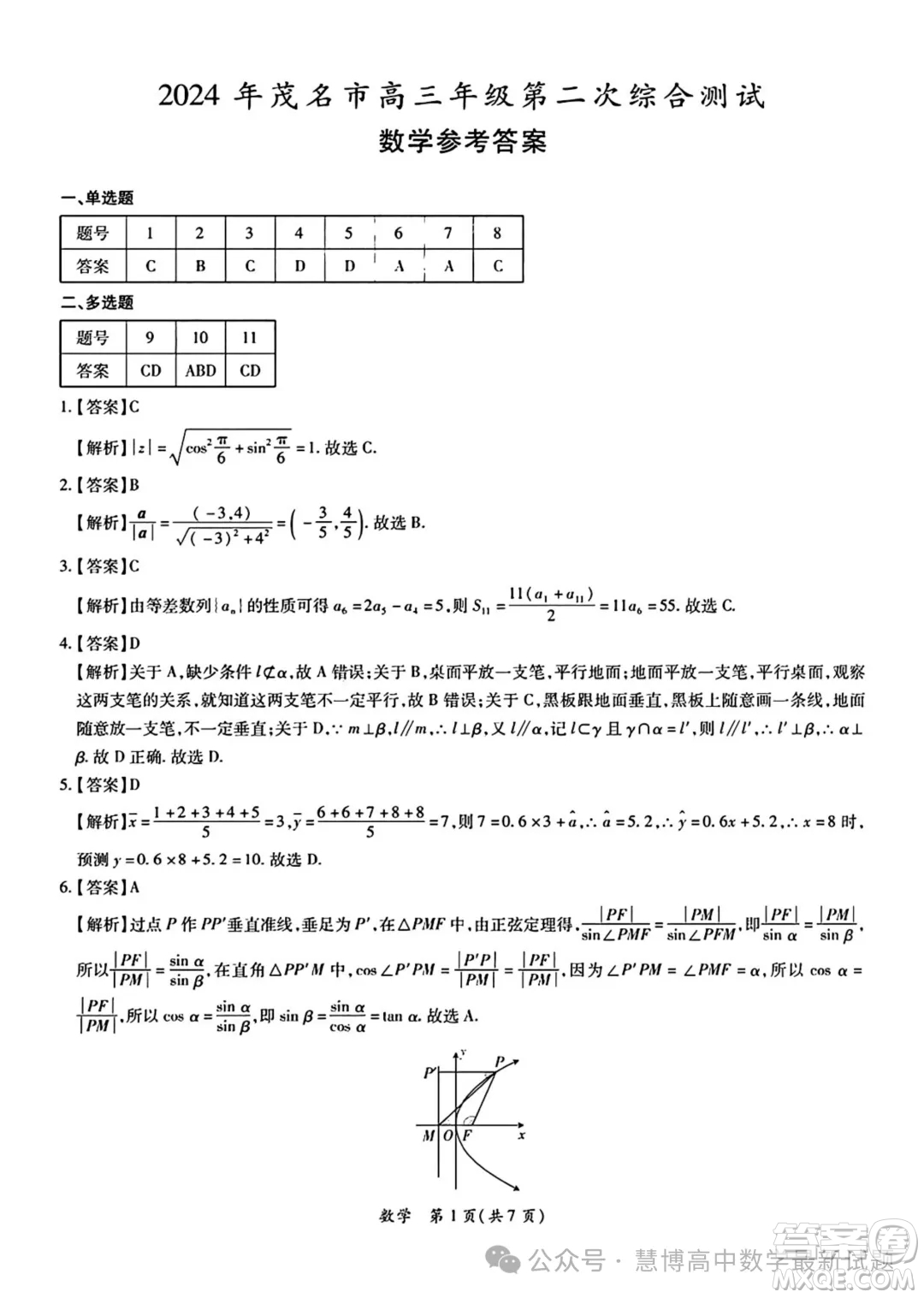 2024年茂名市高三年級(jí)第二次綜合測試數(shù)學(xué)試卷答案