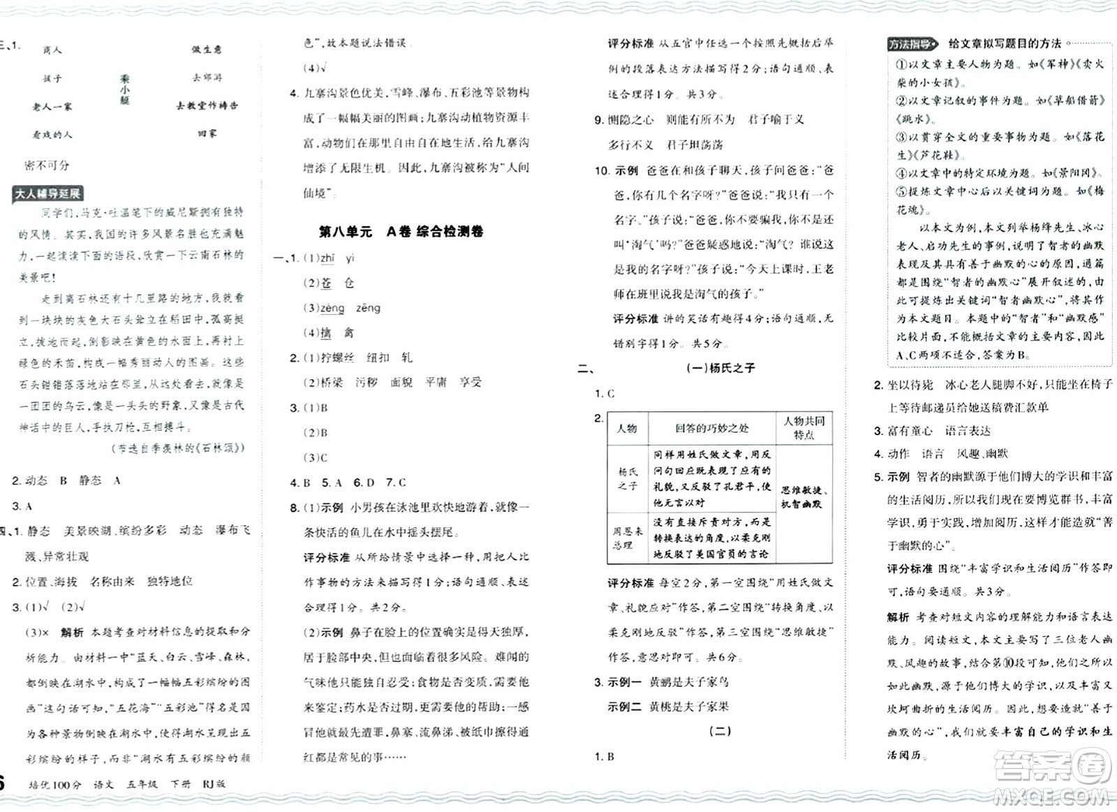 江西人民出版社2024年春王朝霞培優(yōu)100分五年級語文下冊人教版答案