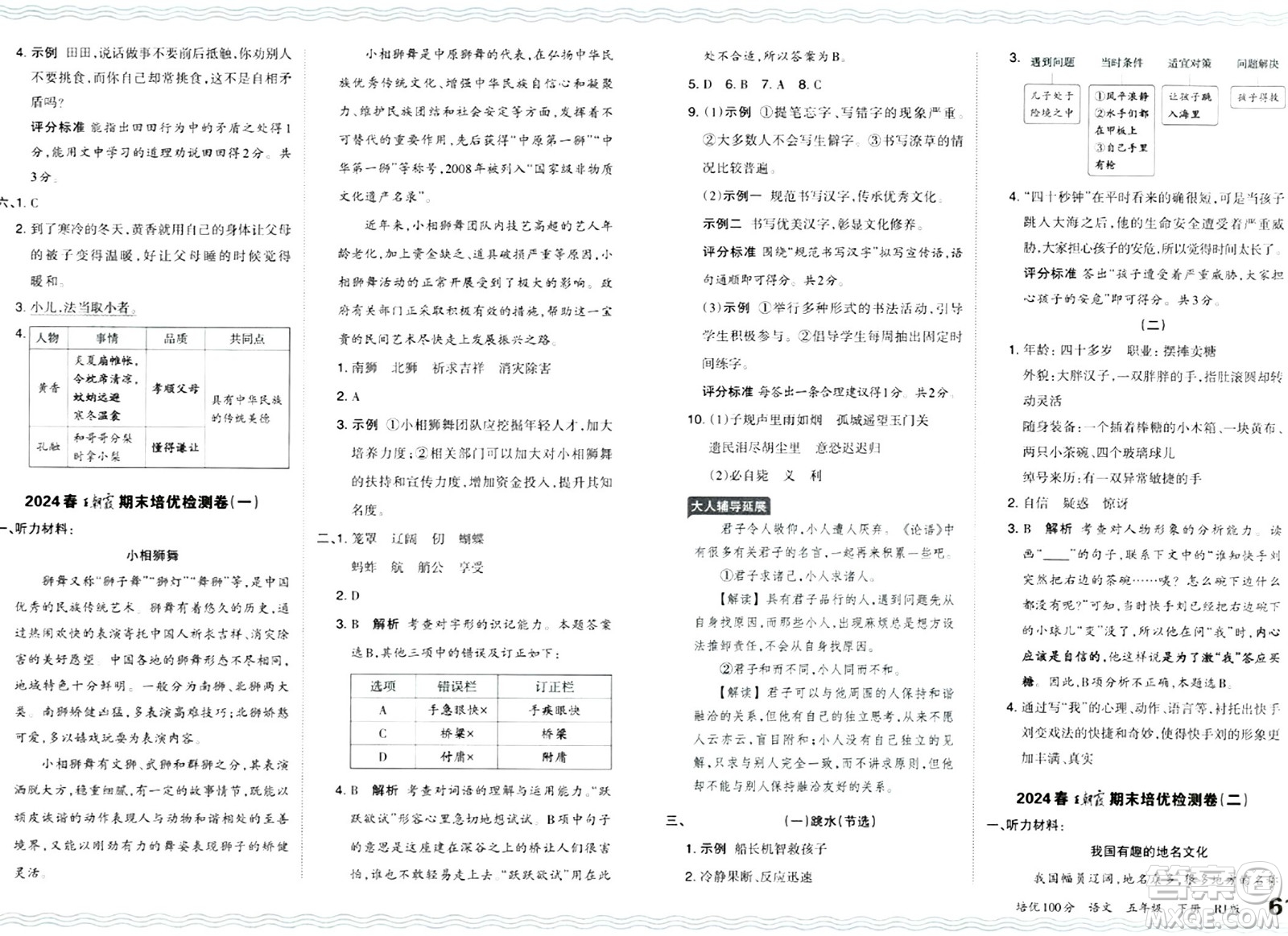 江西人民出版社2024年春王朝霞培優(yōu)100分五年級語文下冊人教版答案