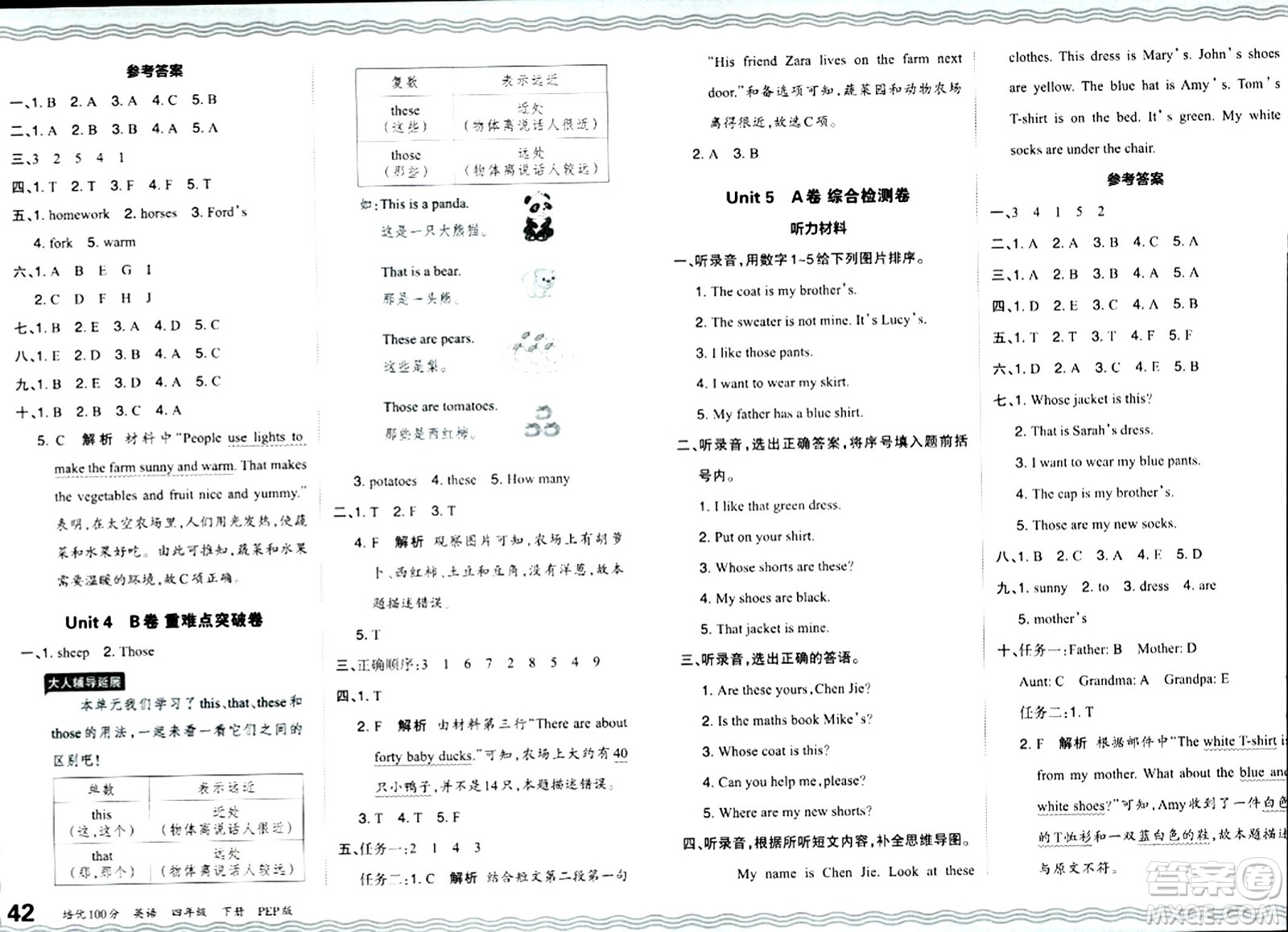 江西人民出版社2024年春王朝霞培優(yōu)100分四年級(jí)英語(yǔ)下冊(cè)人教版答案