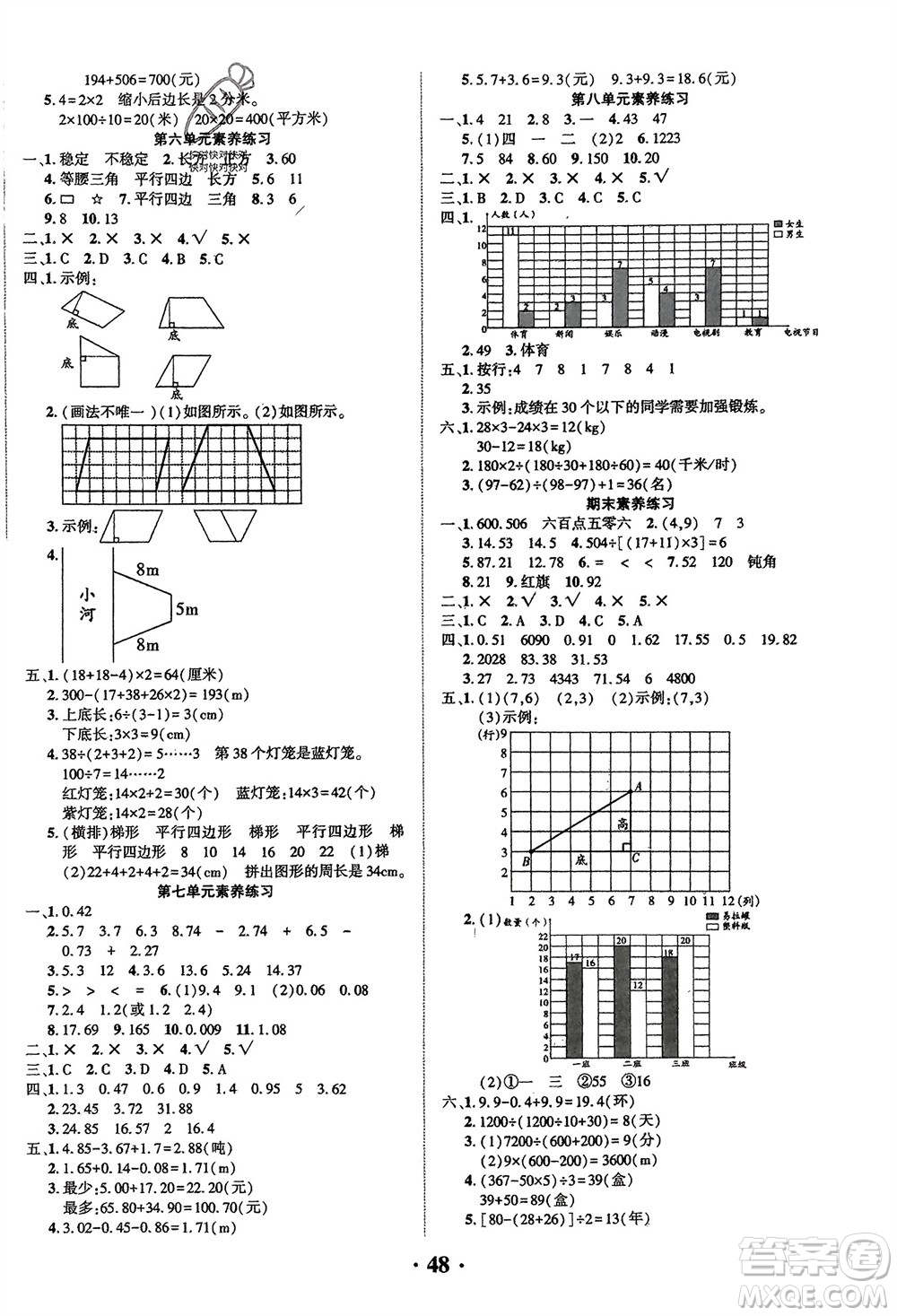 吉林教育出版社2024年春一對一同步精練測評四年級數(shù)學(xué)下冊西師版參考答案