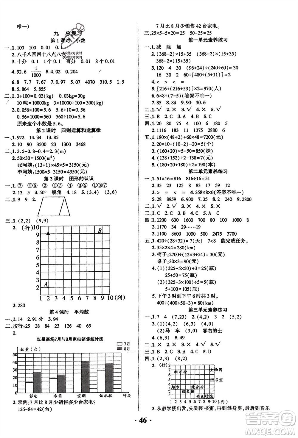 吉林教育出版社2024年春一對一同步精練測評四年級數(shù)學(xué)下冊西師版參考答案