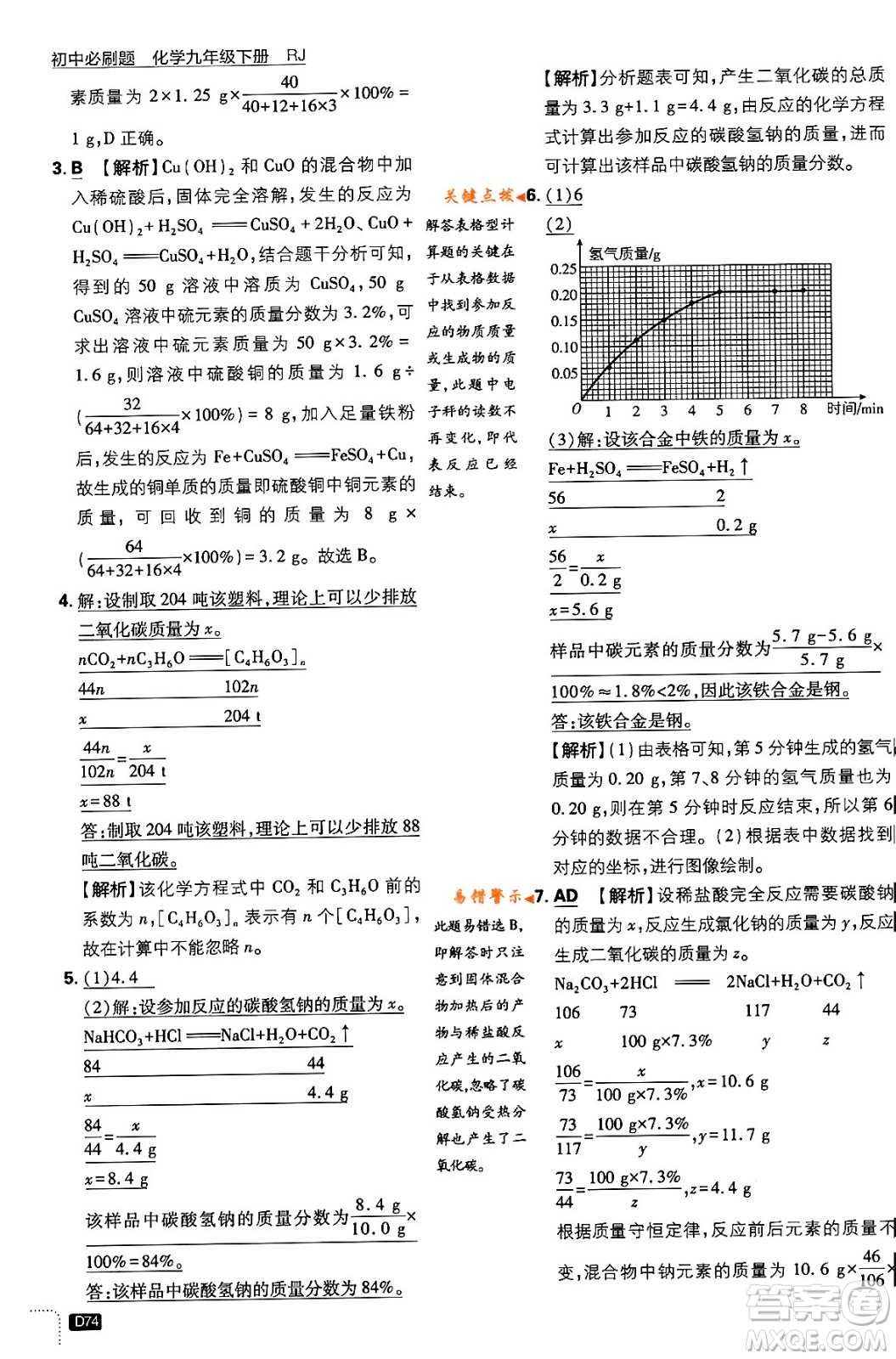 開明出版社2024年春初中必刷題九年級化學下冊人教版答案