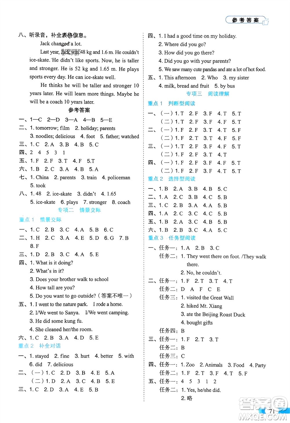 山東美術(shù)出版社2024年春紅逗號(hào)全能100分單元?dú)w類(lèi)復(fù)習(xí)六年級(jí)英語(yǔ)下冊(cè)人教版參考答案