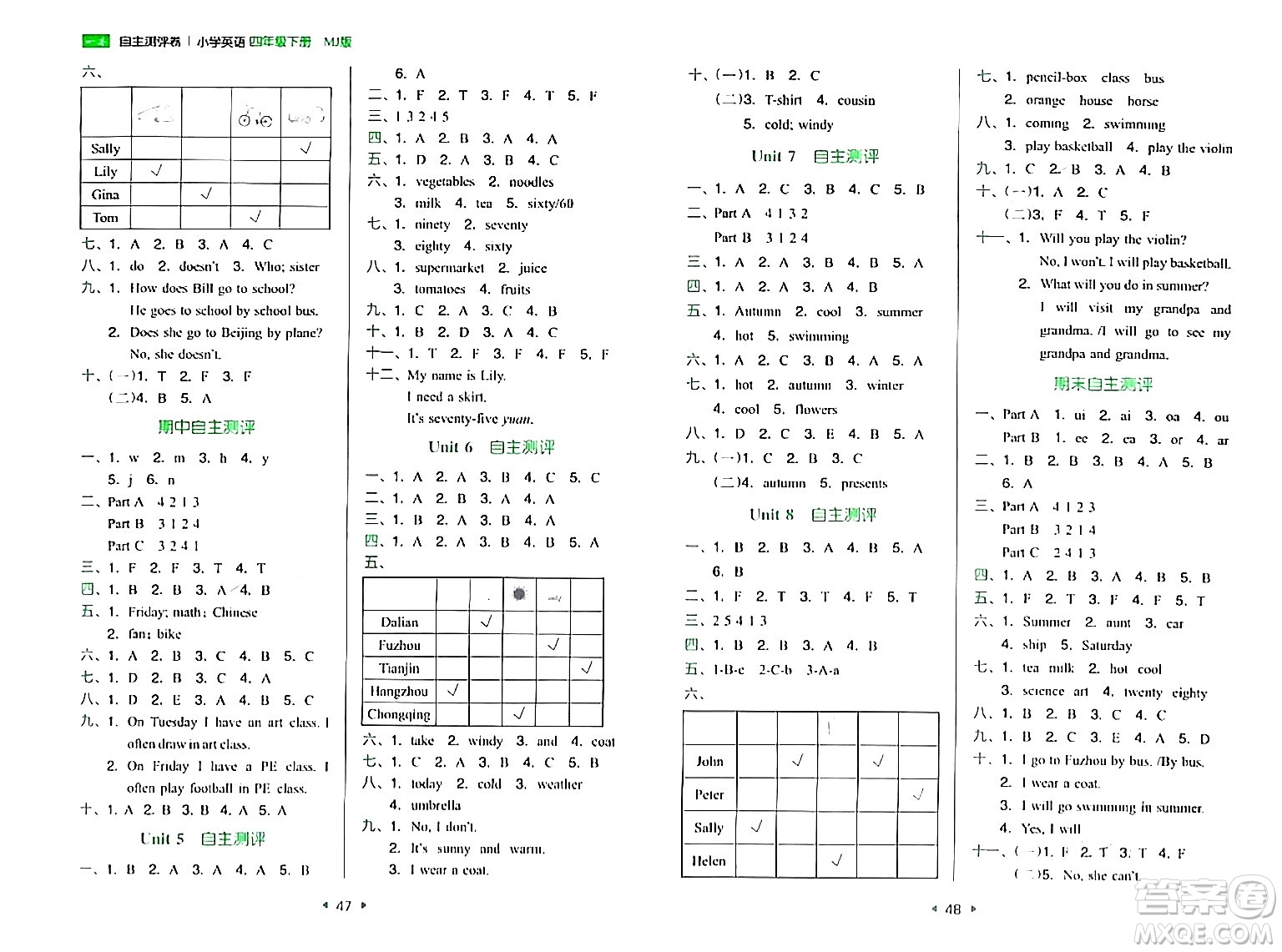 湖南教育出版社2024年春一本同步訓(xùn)練四年級(jí)英語下冊(cè)閩教版福建專版答案