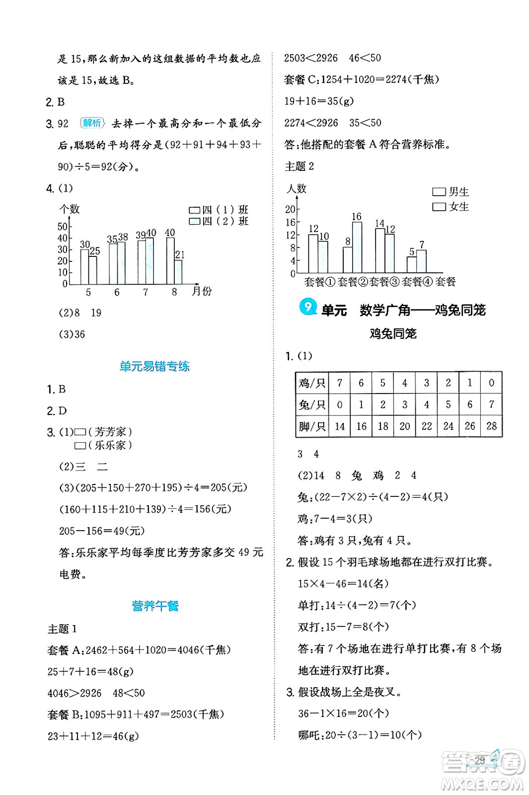 湖南教育出版社2024年春一本同步訓(xùn)練四年級數(shù)學(xué)下冊人教版福建專版答案