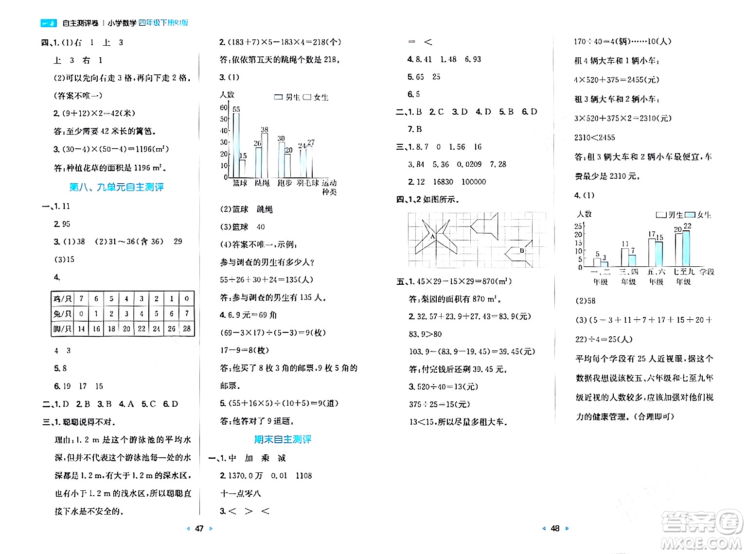 湖南教育出版社2024年春一本同步訓(xùn)練四年級數(shù)學(xué)下冊人教版福建專版答案