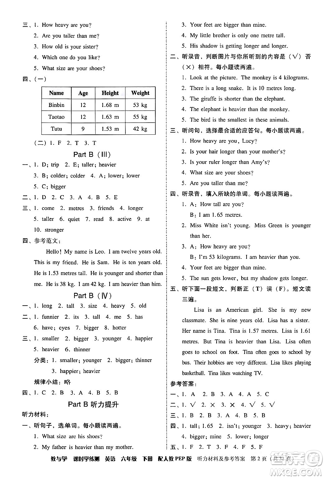 安徽人民出版社2024年春教與學(xué)課時(shí)學(xué)練測(cè)六年級(jí)英語下冊(cè)人教PEP版答案