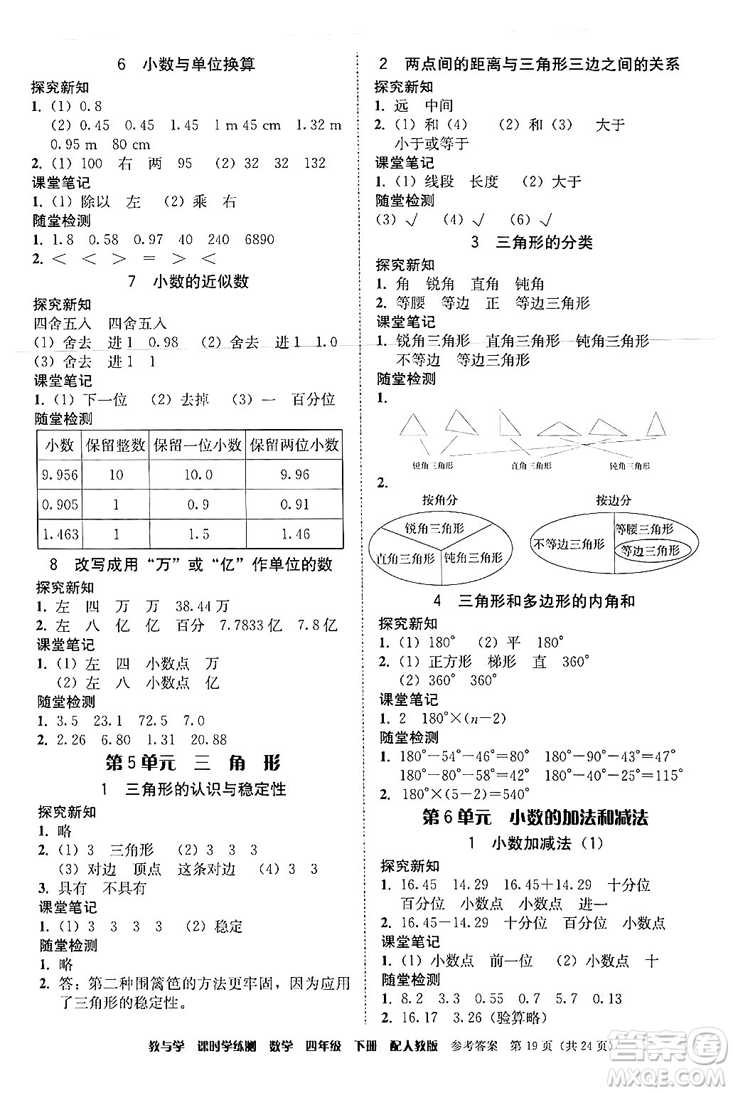 安徽人民出版社2024年春教與學(xué)課時(shí)學(xué)練測(cè)四年級(jí)數(shù)學(xué)下冊(cè)人教版答案