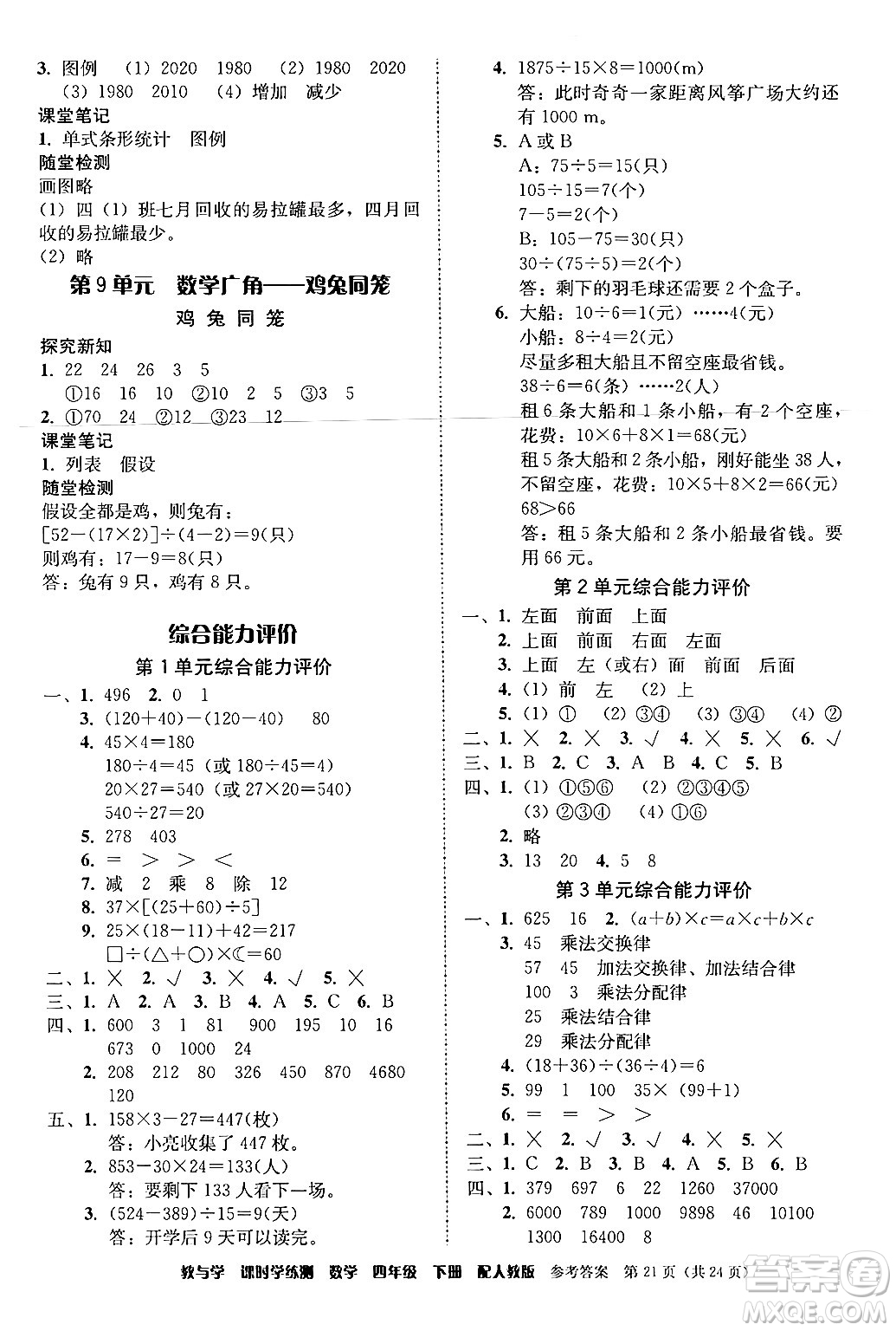 安徽人民出版社2024年春教與學(xué)課時(shí)學(xué)練測(cè)四年級(jí)數(shù)學(xué)下冊(cè)人教版答案