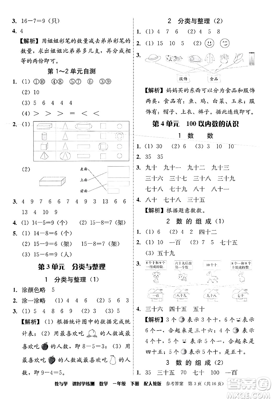 安徽人民出版社2024年春教與學(xué)課時(shí)學(xué)練測(cè)一年級(jí)數(shù)學(xué)下冊(cè)人教版答案