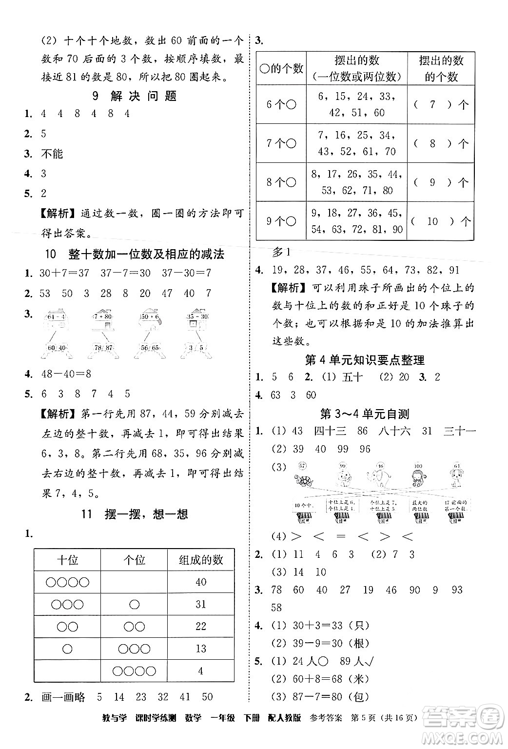 安徽人民出版社2024年春教與學(xué)課時(shí)學(xué)練測(cè)一年級(jí)數(shù)學(xué)下冊(cè)人教版答案