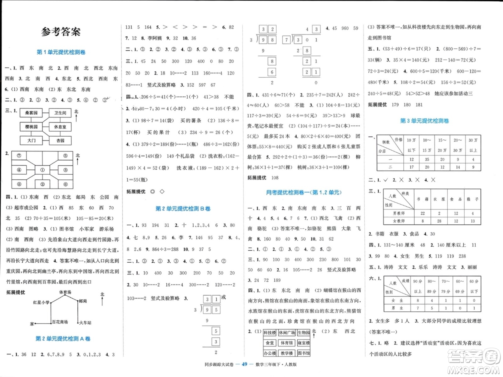 北方婦女兒童出版社2024年春金色課堂同步跟蹤大試卷三年級數(shù)學(xué)下冊人教版參考答案