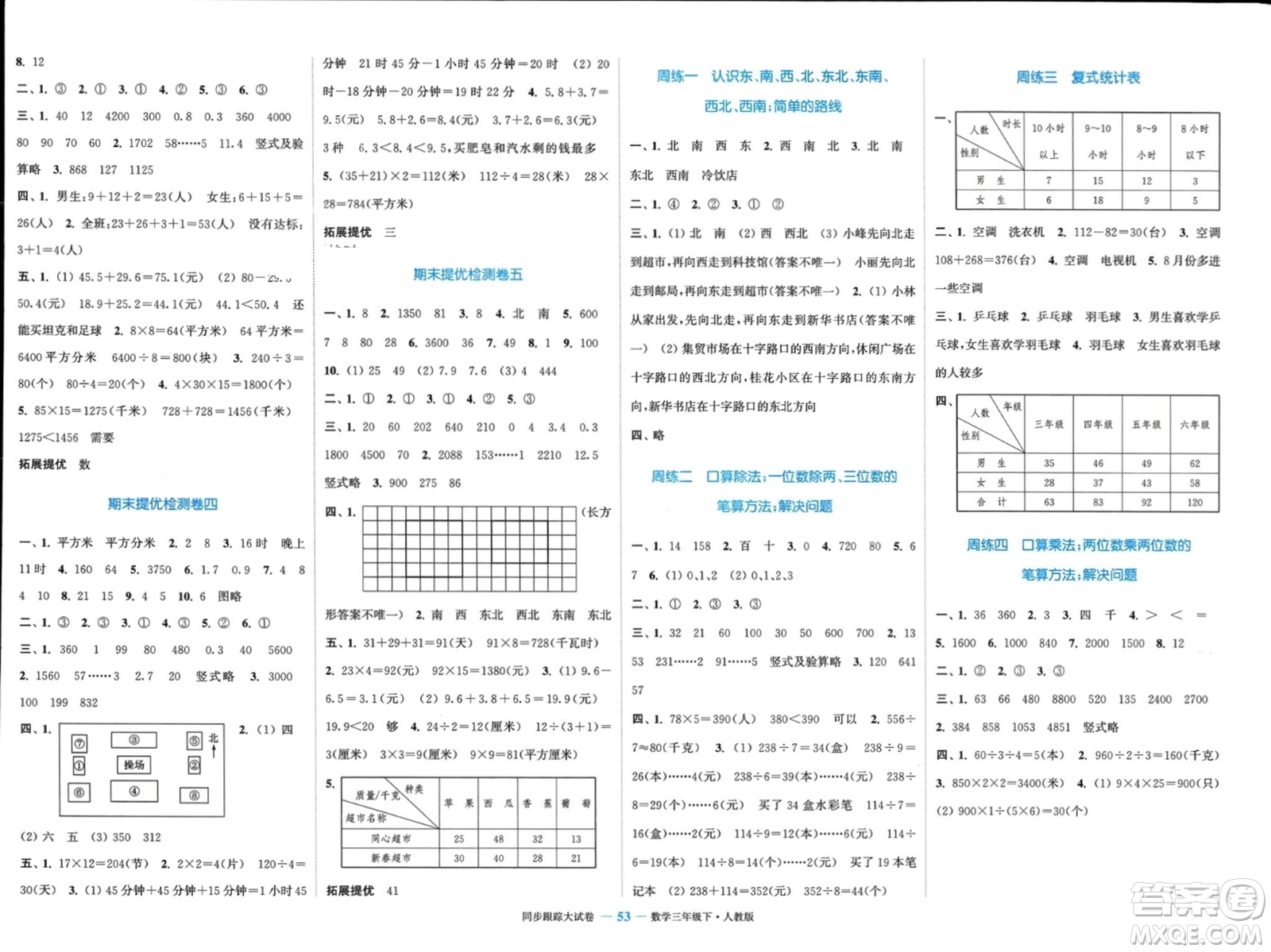 北方婦女兒童出版社2024年春金色課堂同步跟蹤大試卷三年級數(shù)學(xué)下冊人教版參考答案