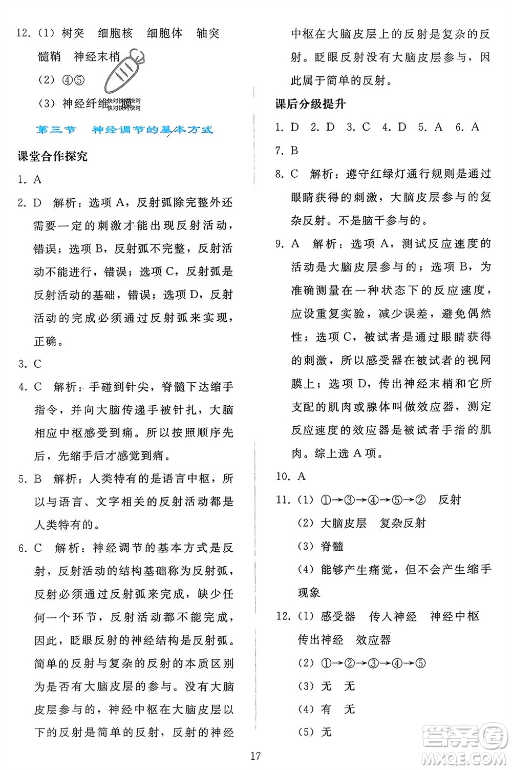 人民教育出版社2024年春同步輕松練習七年級生物下冊人教版參考答案