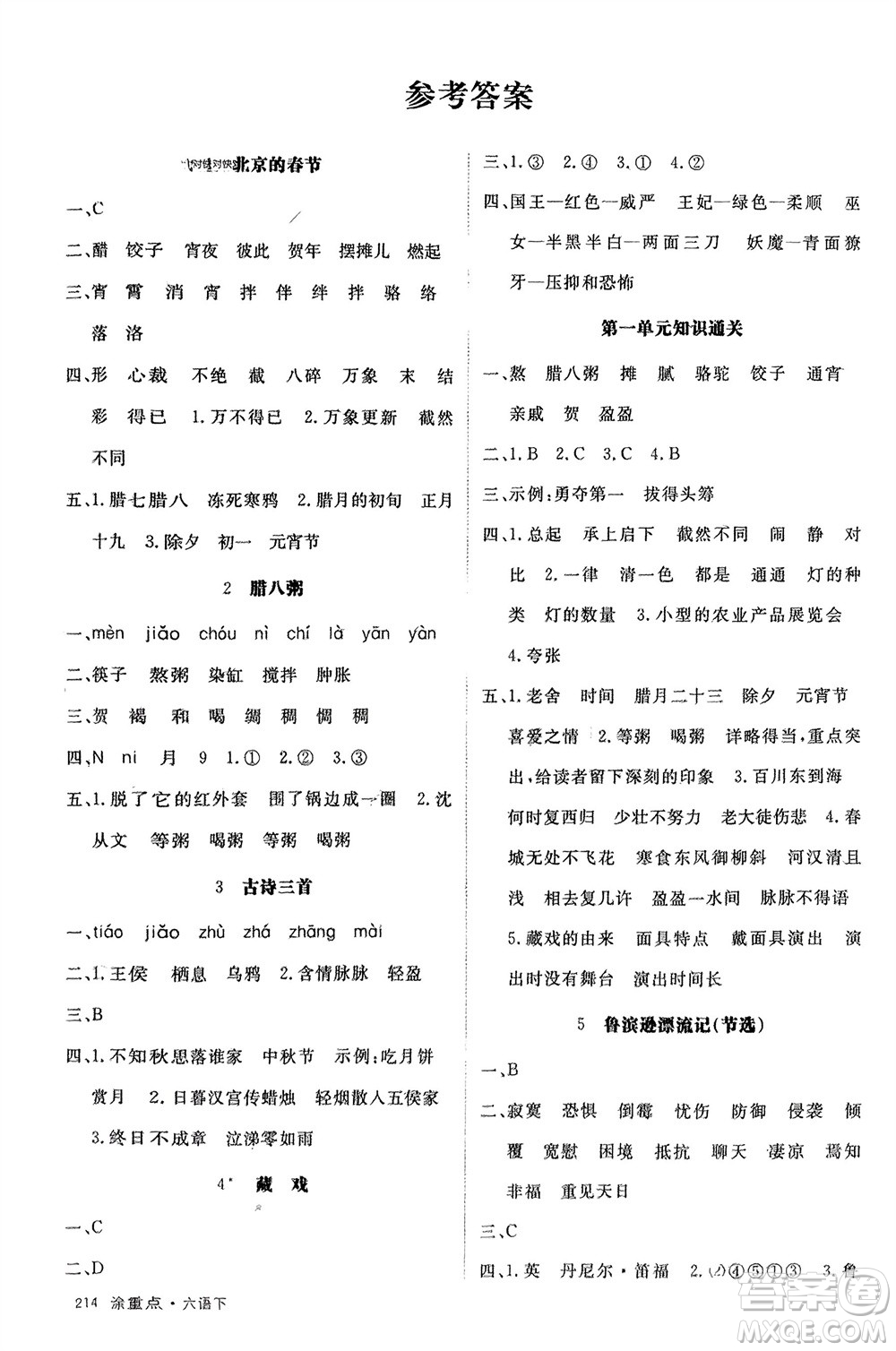 寧夏人民教育出版社2024年春新領(lǐng)程涂重點(diǎn)六年級(jí)語(yǔ)文下冊(cè)通用版參考答案