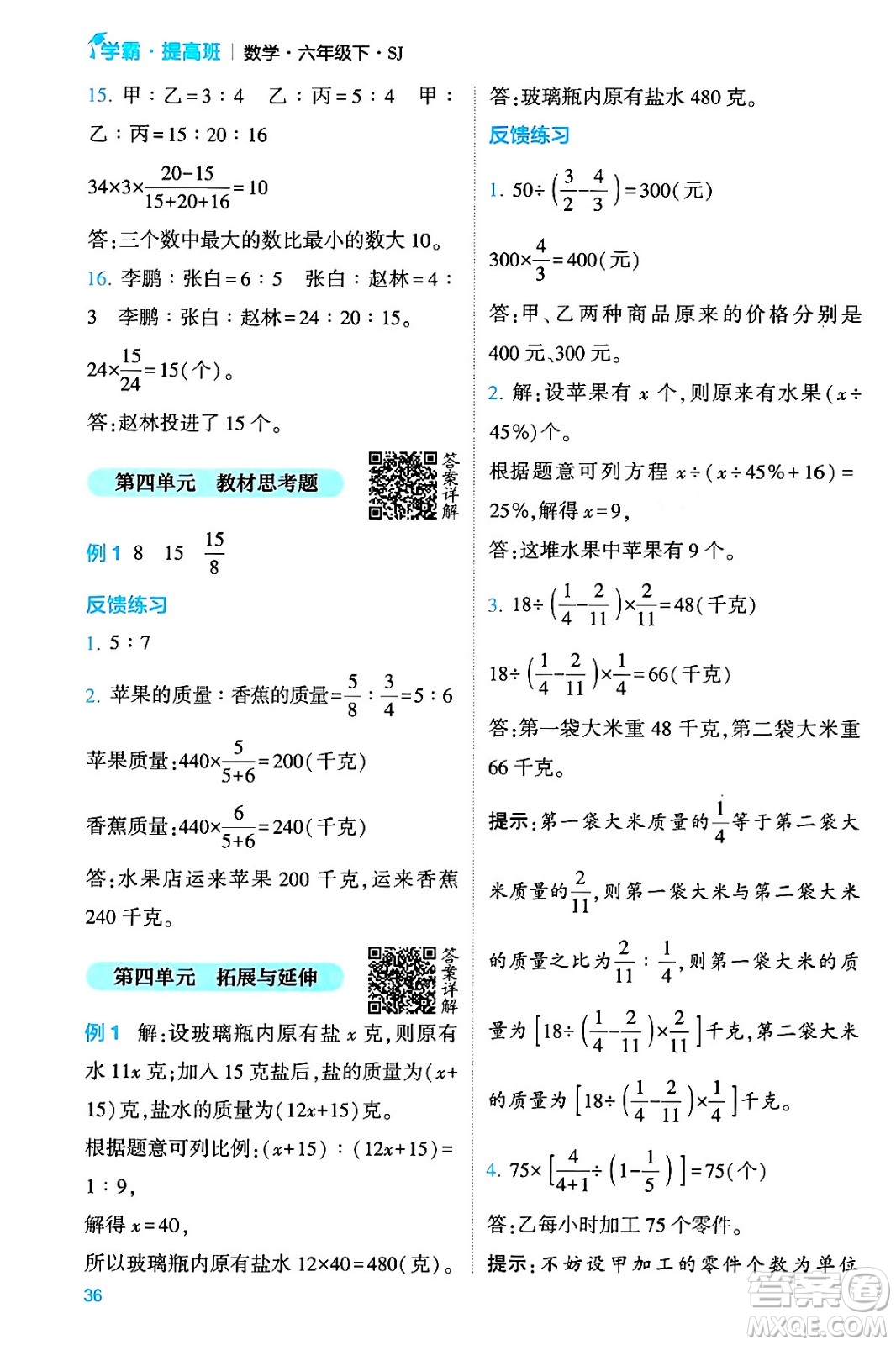 河海大學(xué)出版社2024年春經(jīng)綸學(xué)霸4星學(xué)霸提高班六年級(jí)數(shù)學(xué)下冊(cè)蘇教版答案