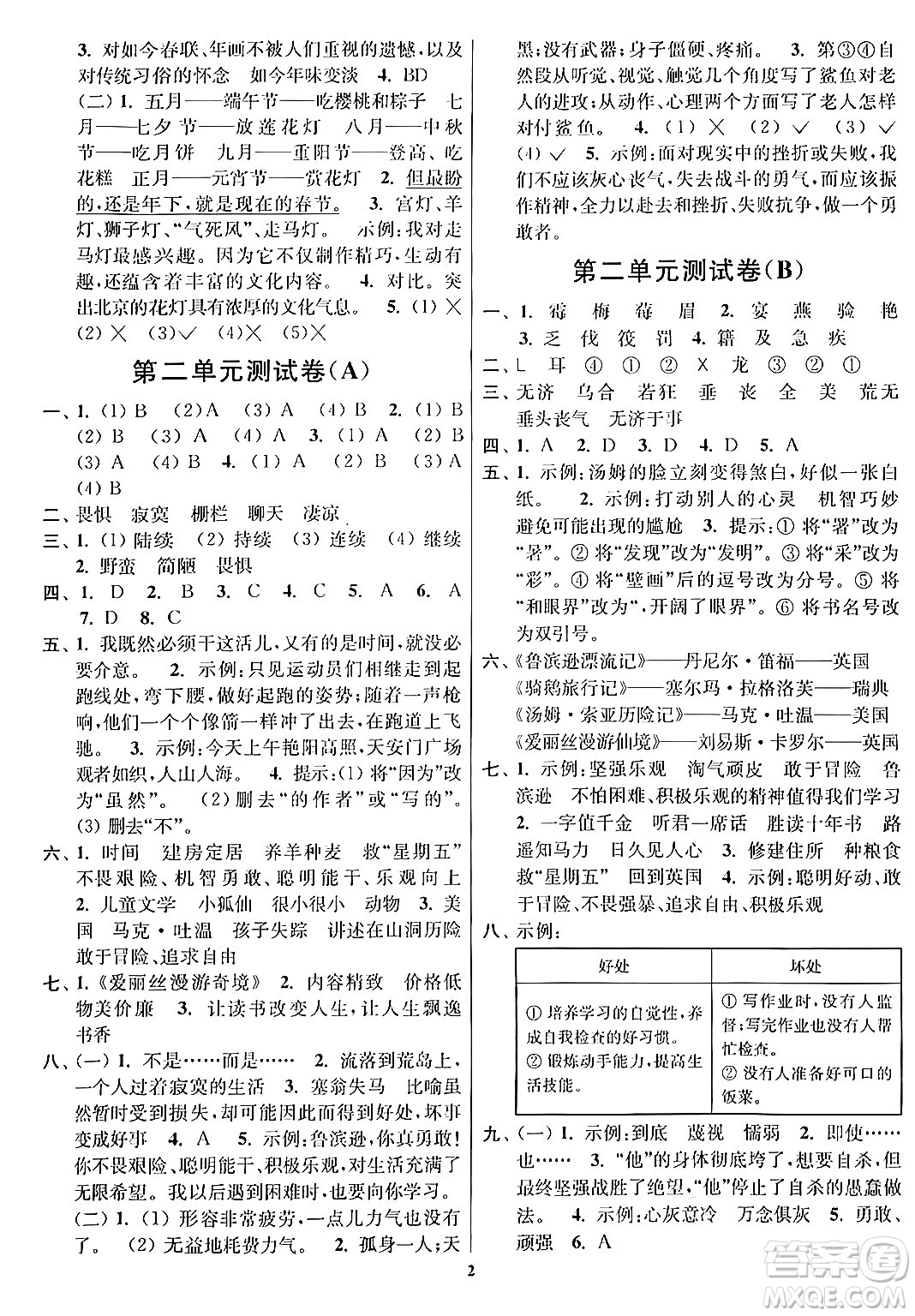 江蘇鳳凰美術(shù)出版社2024年春隨堂測試卷六年級(jí)語文下冊全國版答案