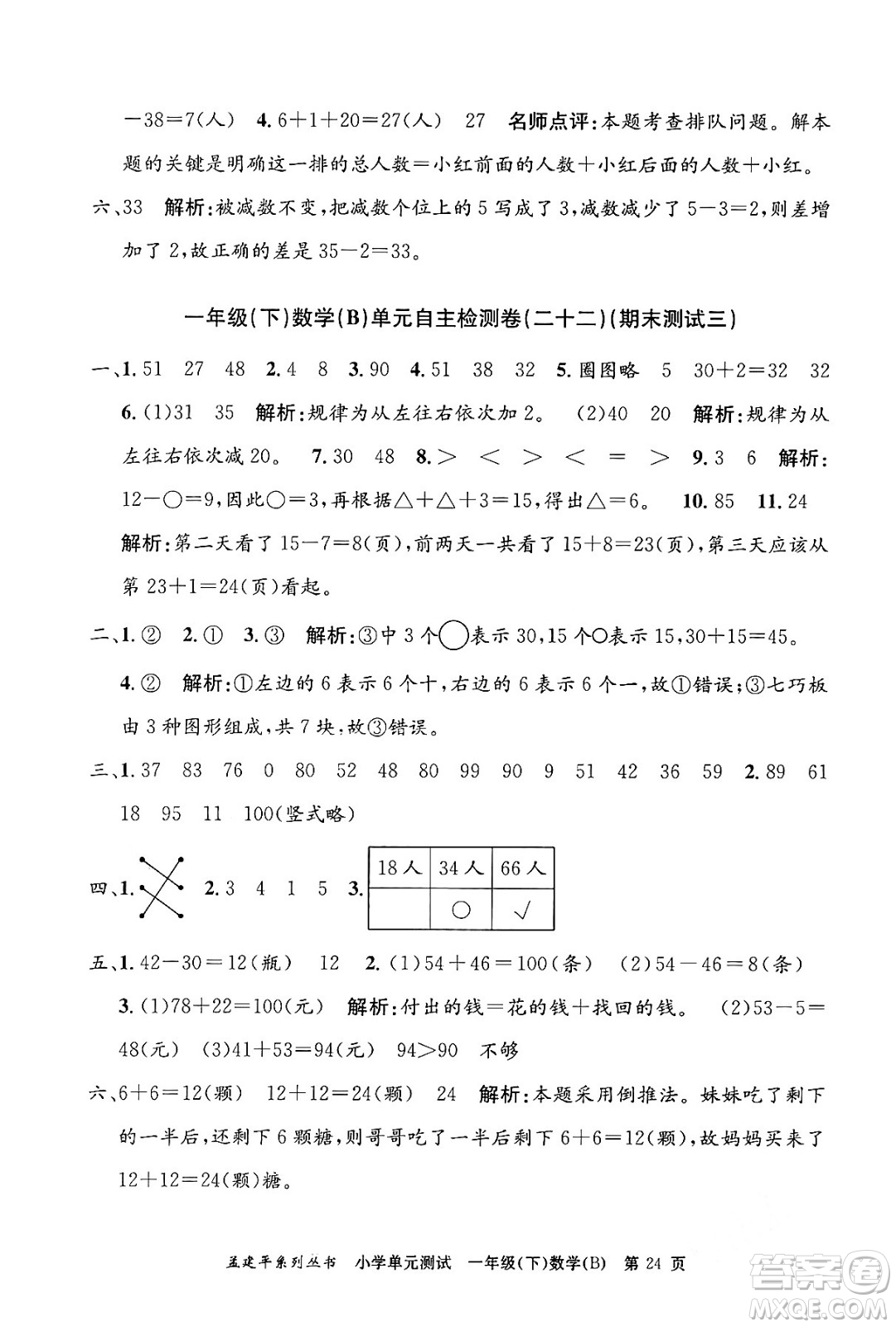 浙江工商大學(xué)出版社2024年春孟建平小學(xué)單元測試一年級數(shù)學(xué)下冊北師大版答案