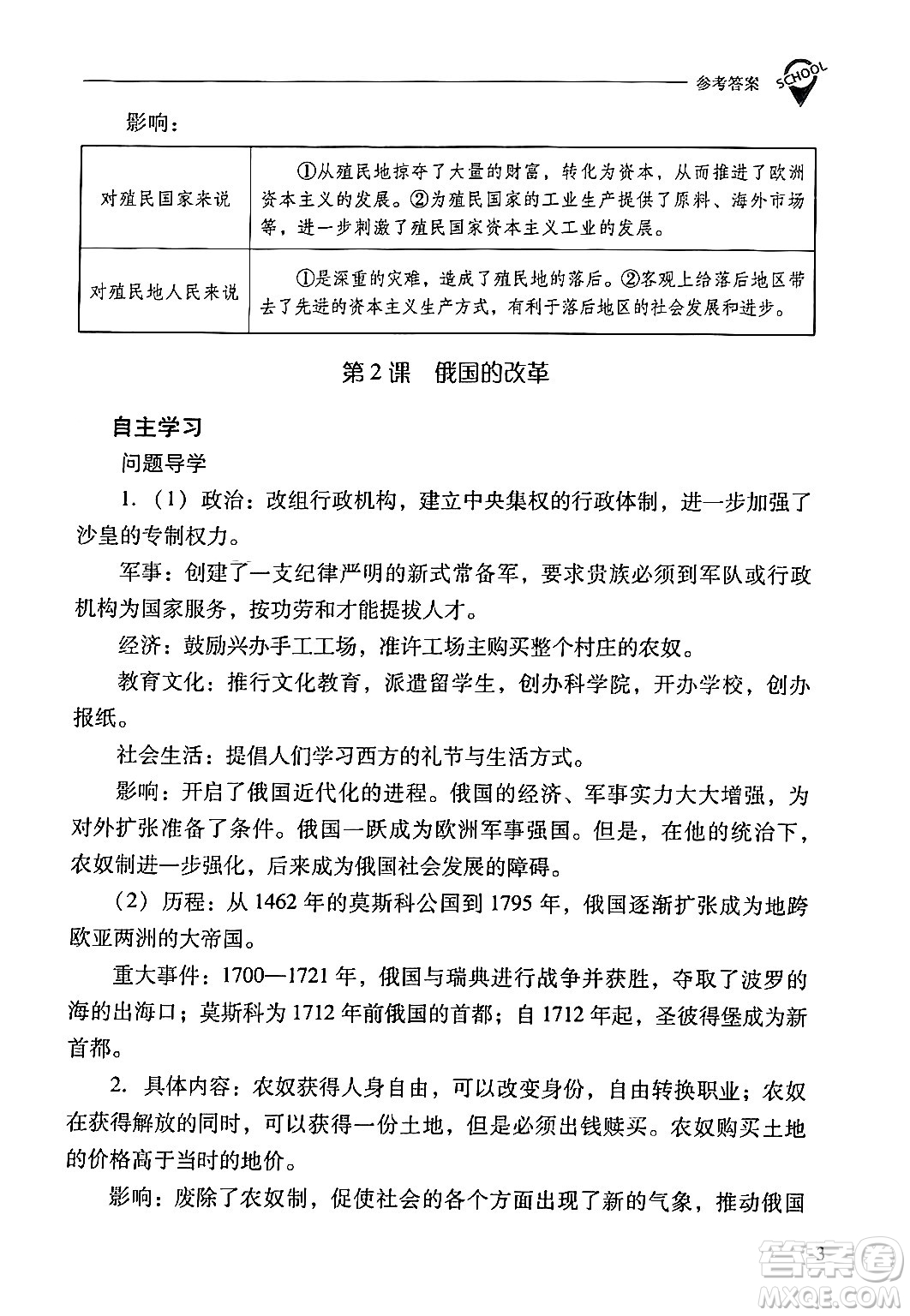 山西教育出版社2024年春新課程問題解決導(dǎo)學(xué)方案九年級(jí)歷史下冊(cè)人教版答案