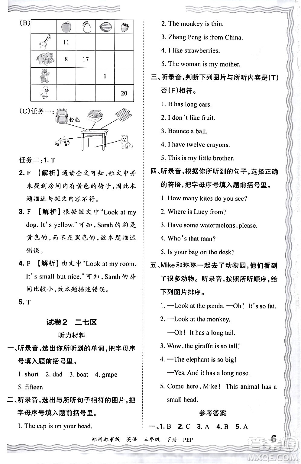 江西人民出版社2024年春王朝霞期末真題精編三年級英語下冊人教PEP版鄭州專版答案