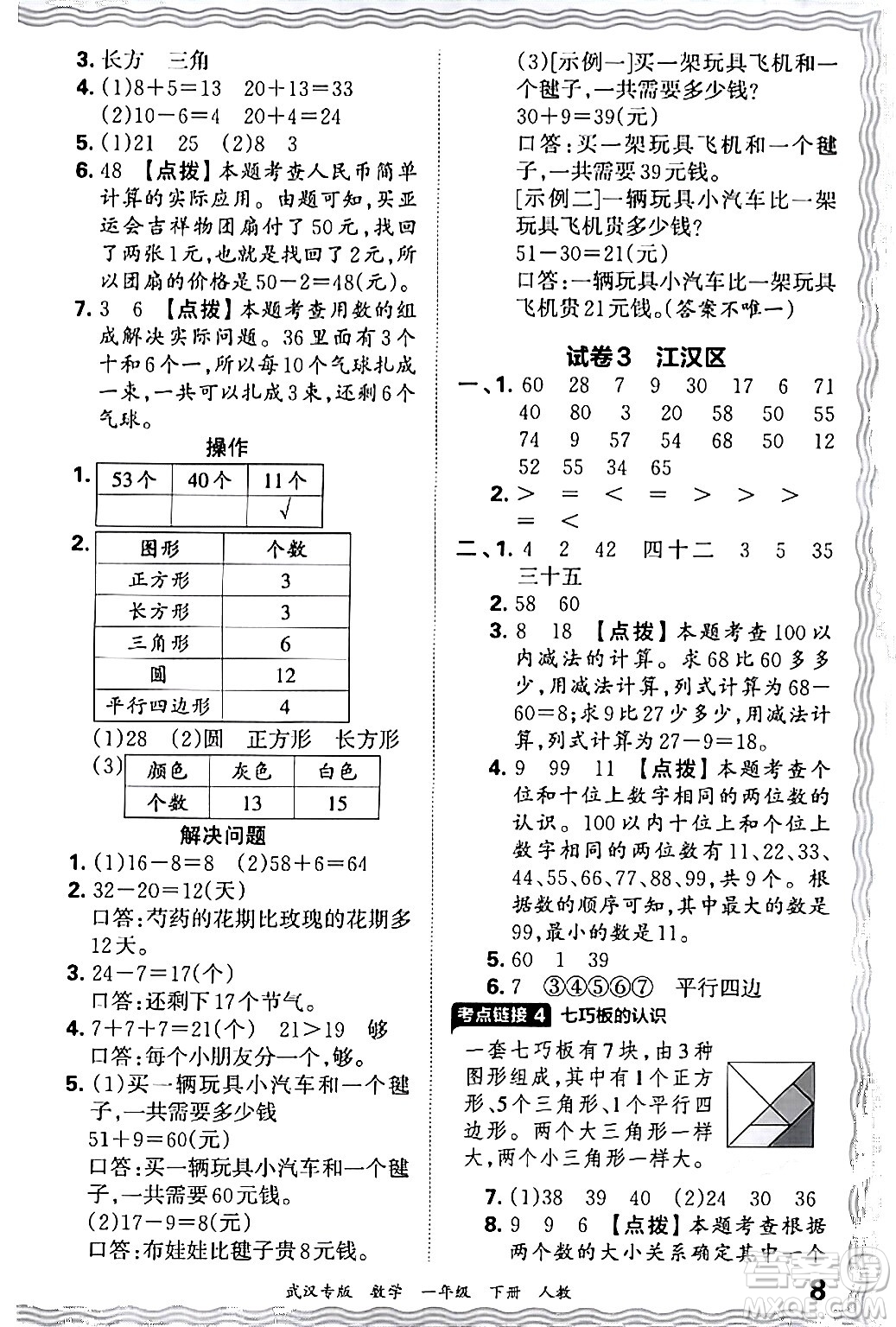 江西人民出版社2024年春王朝霞期末真題精編一年級數(shù)學(xué)下冊人教版武漢專版答案